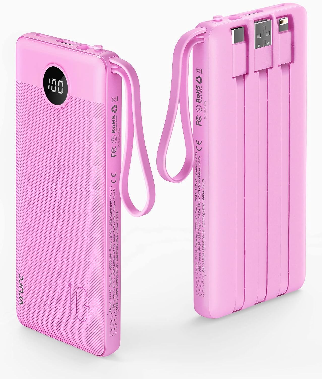 VRURC Power Bank with Built in Cables,10000mAh USB C Portable Charger with 5 Out...
