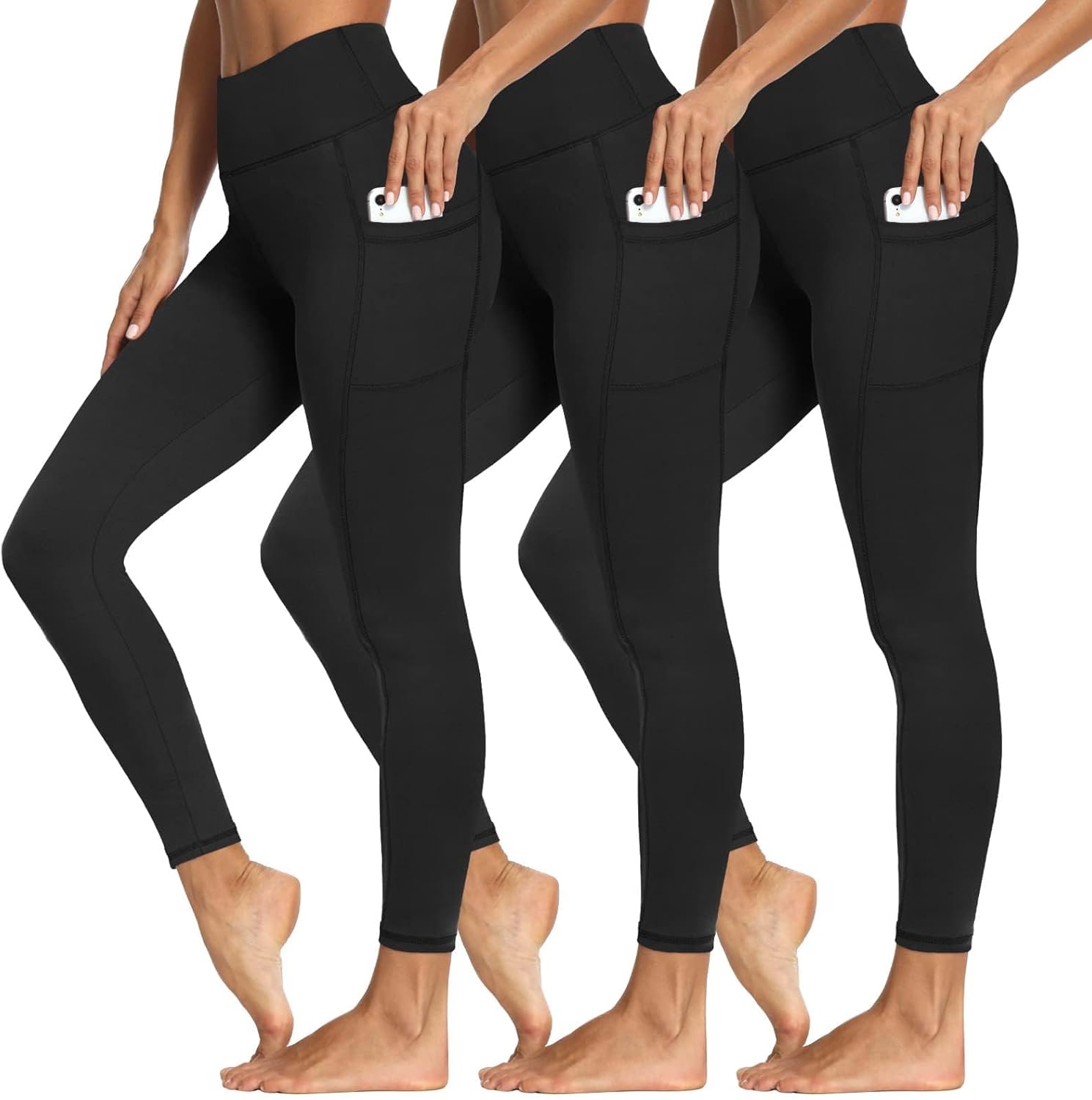 3 Packs Leggings with Pockets for Women, Soft High Waisted Tummy Control Workout...