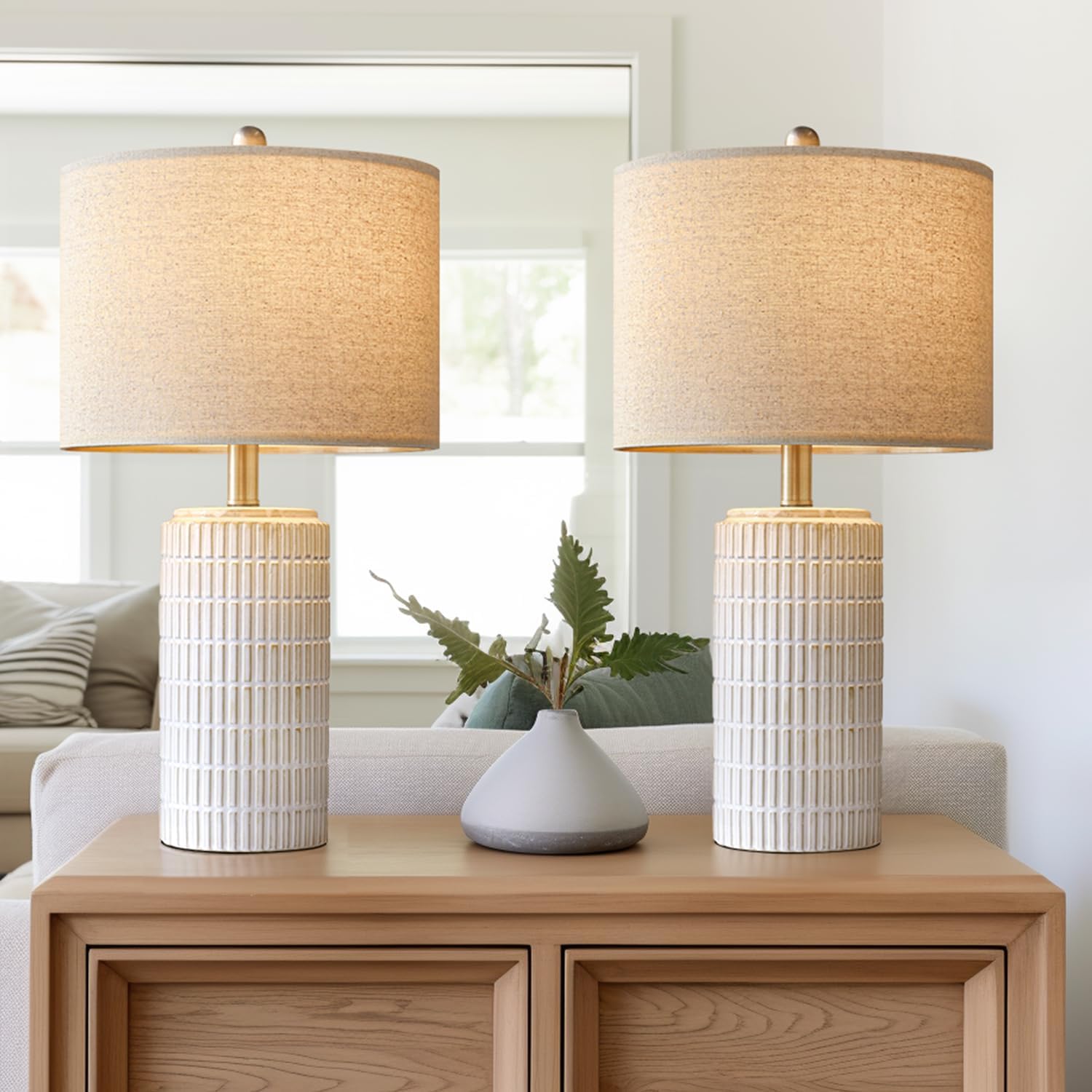 PoKat 23" Modern Ceramic Table Lamp Set of 2 for Living Room White Desk Lamps fo...