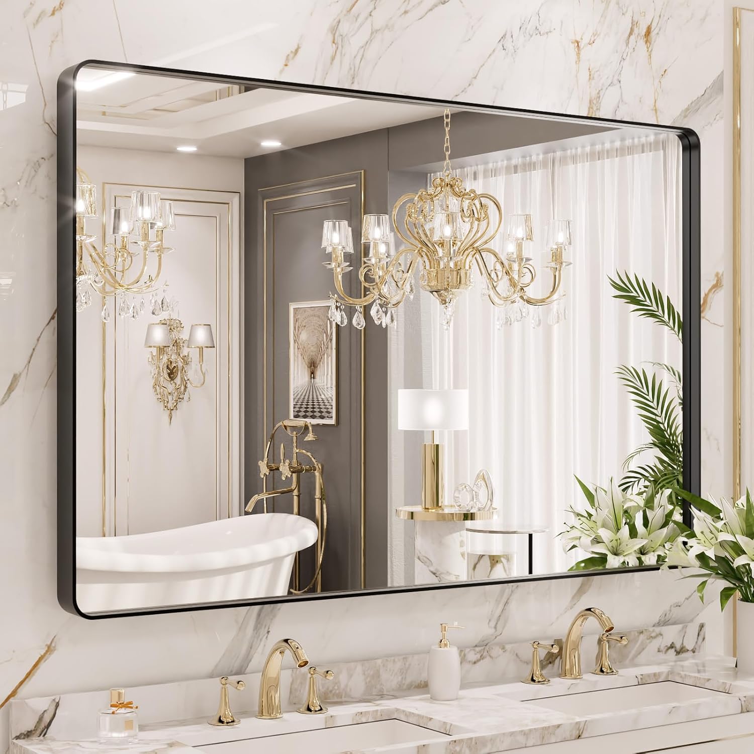 LOAAO Black Metal Framed Bathroom Mirror, Unique Vanity Mirror Farmhouse with Ma...