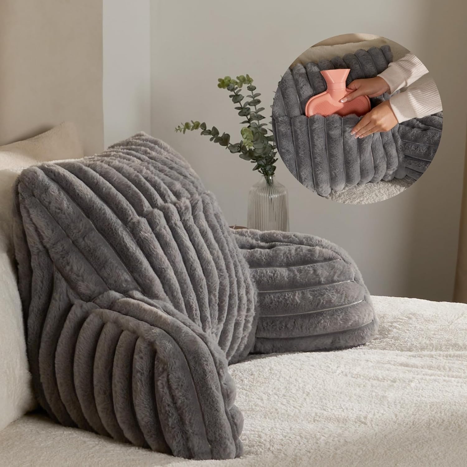 OHS Gaming Cushion for Bed, Ribbed Faux Fur Back Support Cushion with Heatable P...