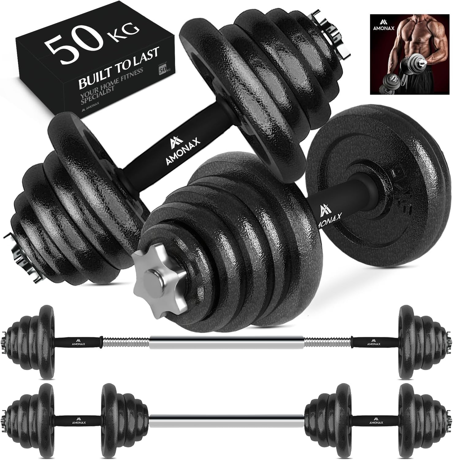 Amonax 20kg 30kg Cast Iron Adjustable Dumbbells Weight Set, Barbell Set Men Wome...
