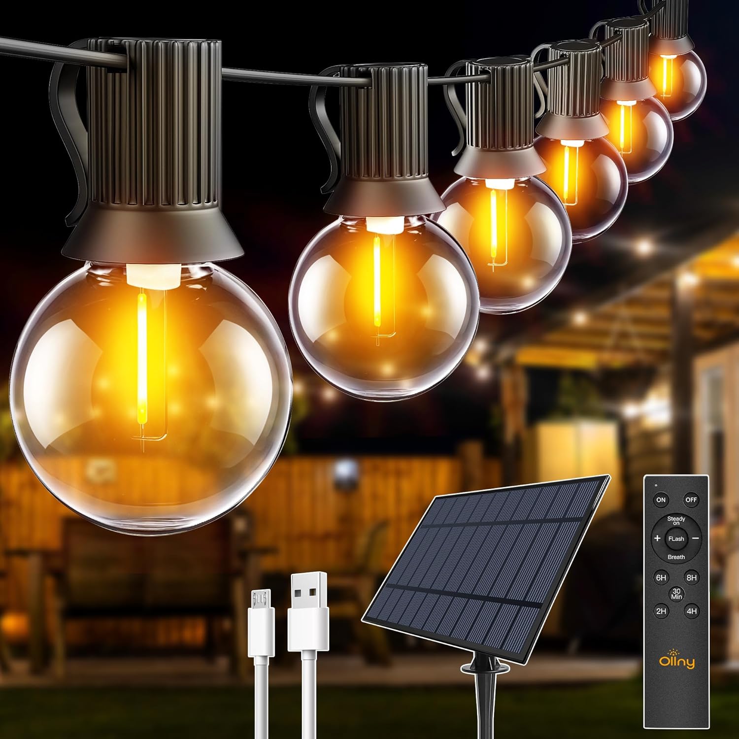 Ollny Solar Lights Outdoor Garden 10m Waterproof Festoon Light with Remote, USB...