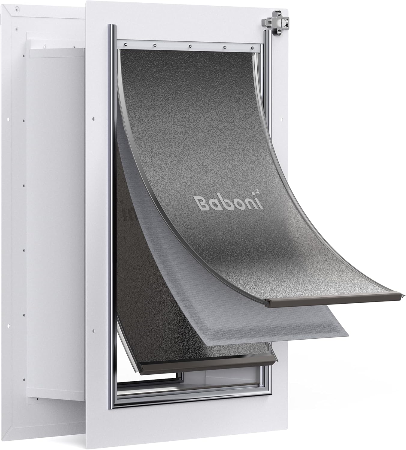 Baboni 3-Flap Pet Door for Wall, Steel Frame and Telescoping Tunnel, Aluminum Lo...