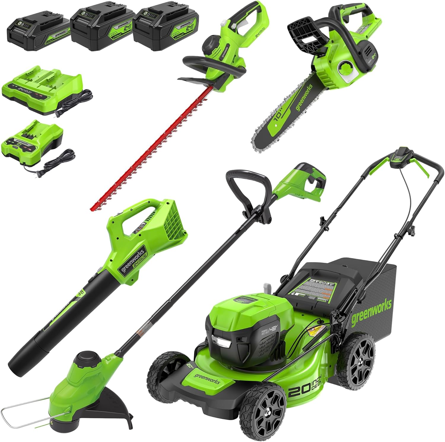 Greenworks 48V (2x24V) 20" Cordless Push Mower, 12" String Trimmer, 320 CFM Blow...