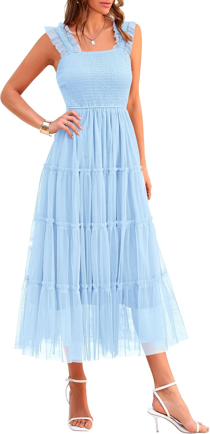 Chic PRETTYGARDEN Women's Summer Midi Tulle Dress, Elegant Sleeveless Smocked Dr...