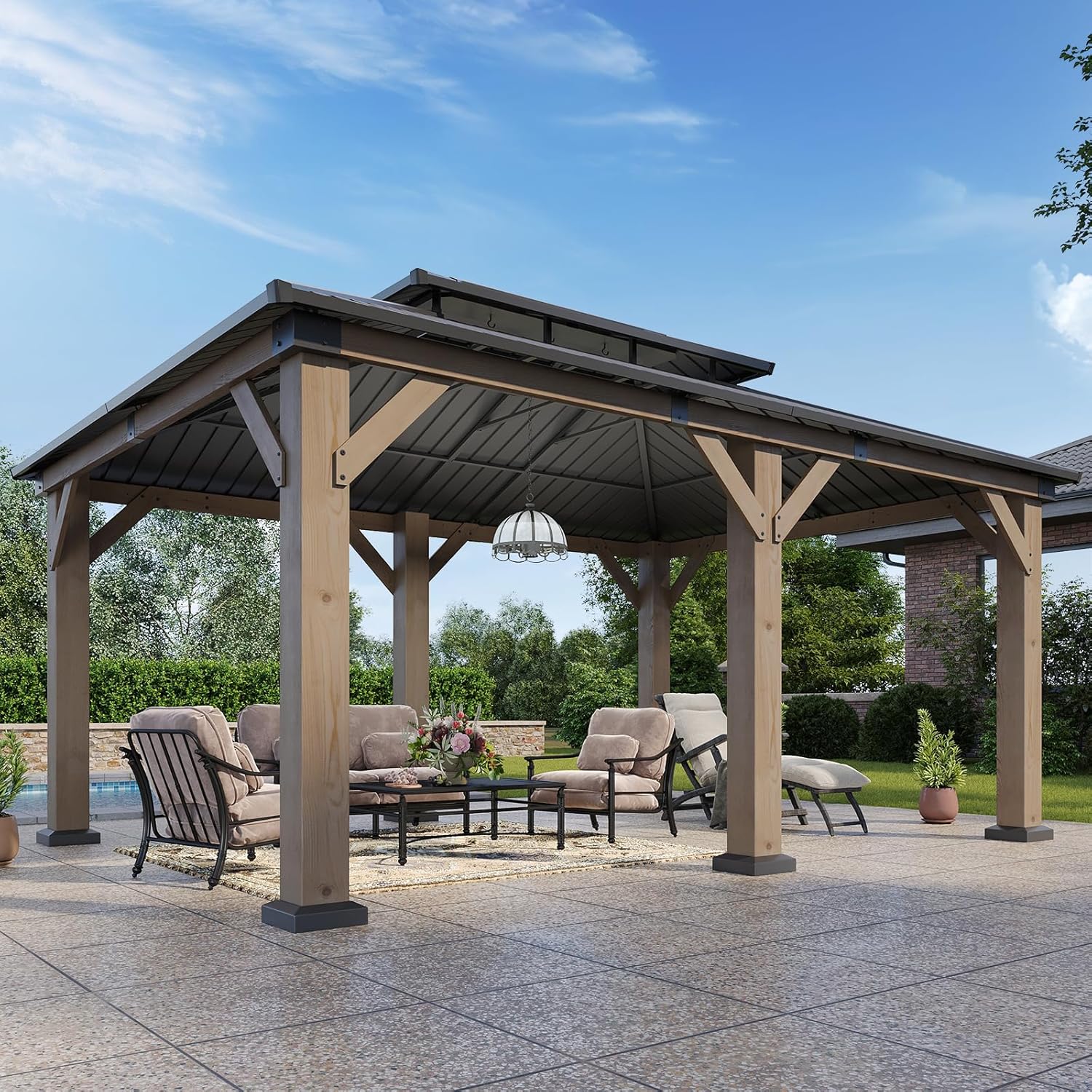 Aoxun 12' x 16' Outdoor Wood Gazebo, Hardtop Gazebo Permanent Wooden Pavilion wi...