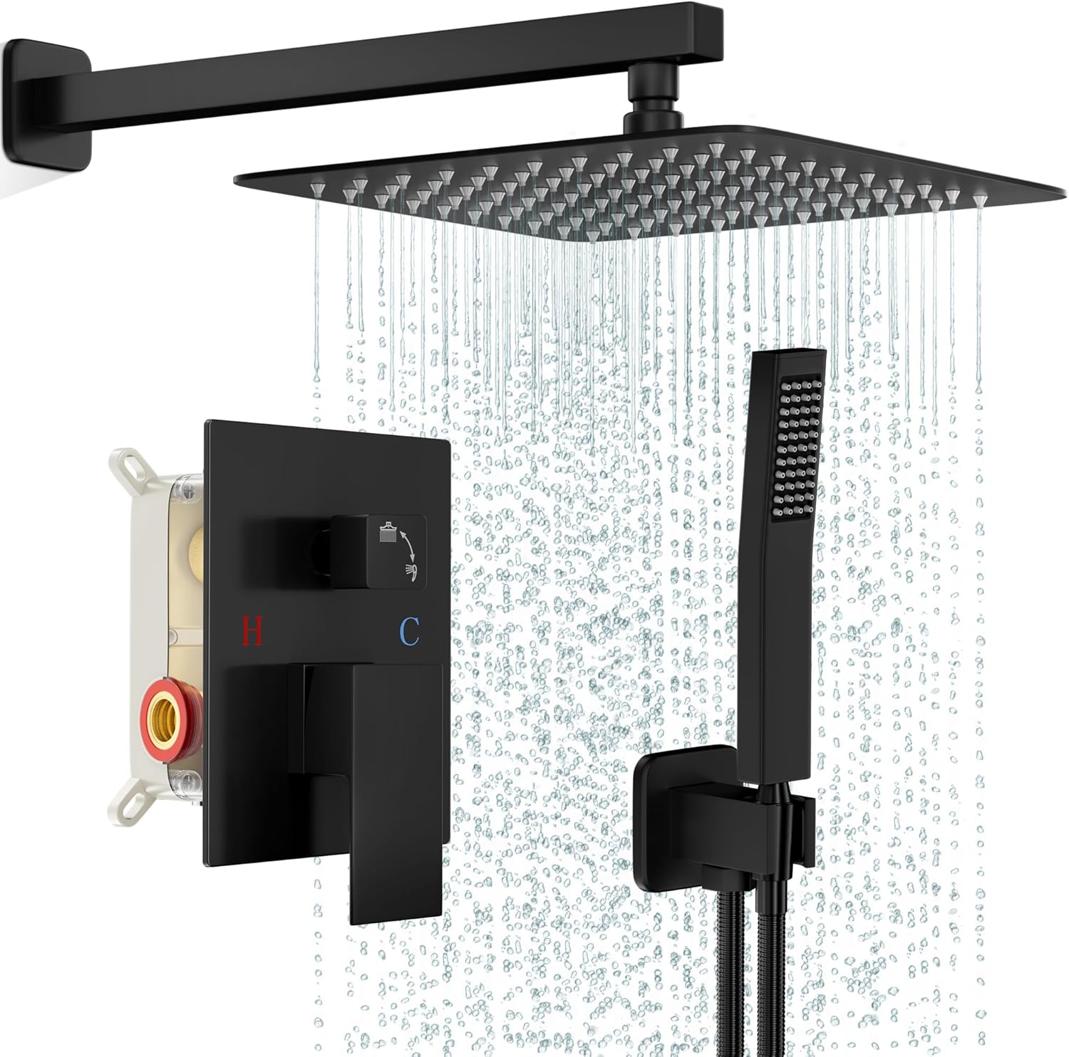 Black Shower Faucet Set, Rainfall Shower System with Square Shower Head and Hand...