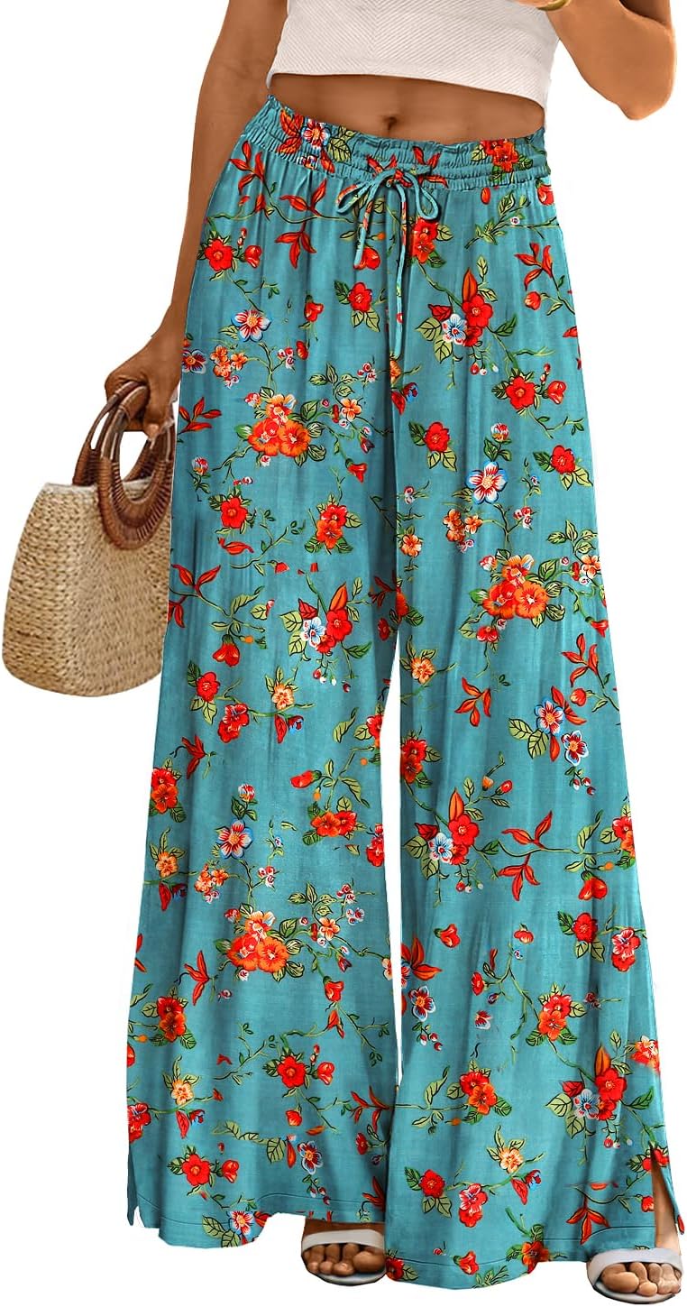 YESNO Women Summer Boho Palazzo Pants High Waist Wide Leg Floral Casual Cotton L...