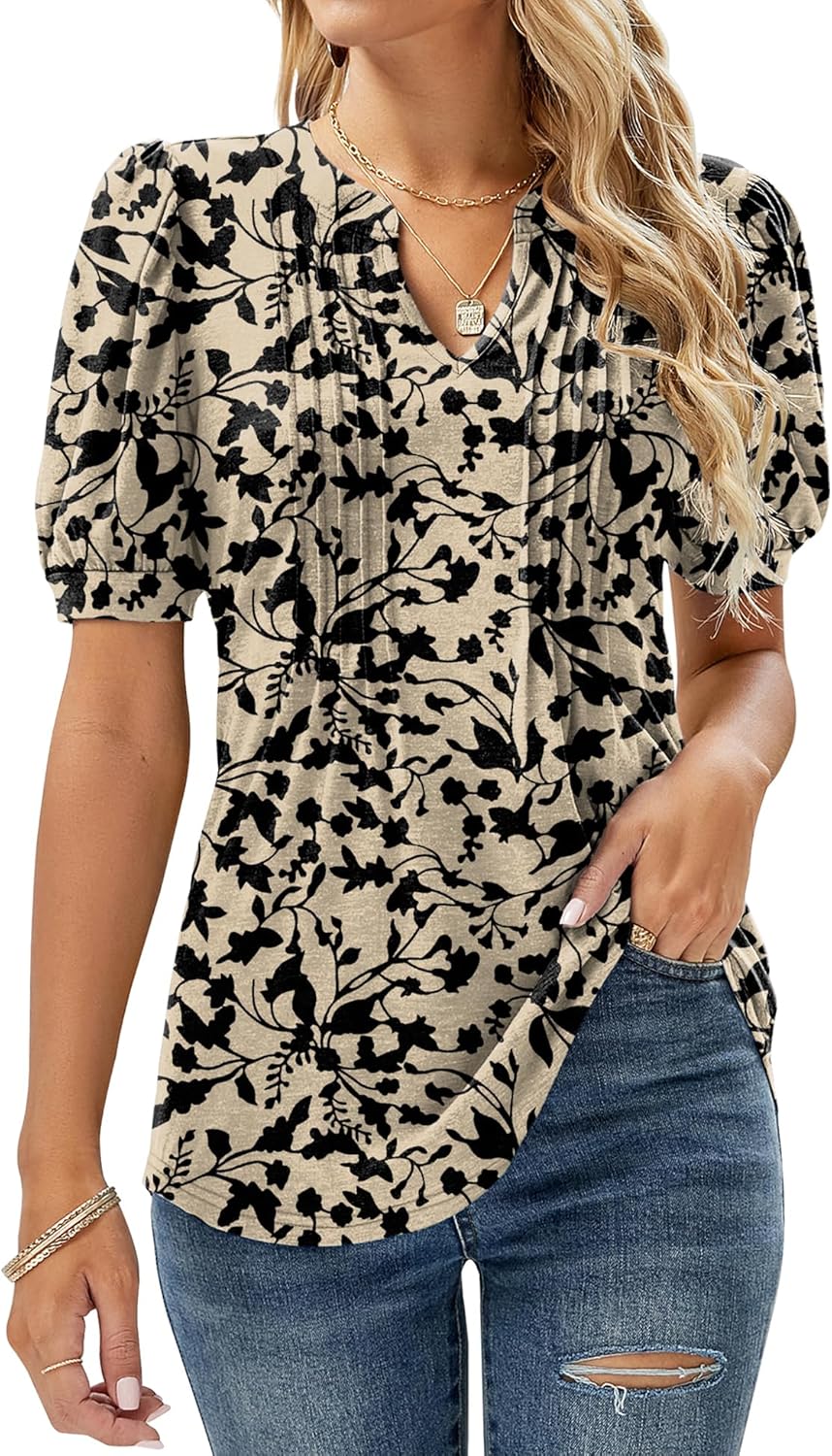 EFFAN Women's V Neck Tops, Special Puff Short Sleeve T-Shirt, Unique Pleated Flo...