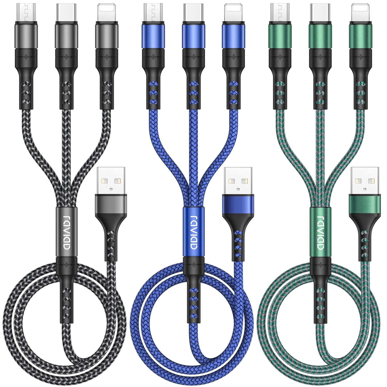 RAVIAD Multi Charger Cable, 3 in 1 Charger Cable [3Pack 1.2M] Multiple USB Cable...