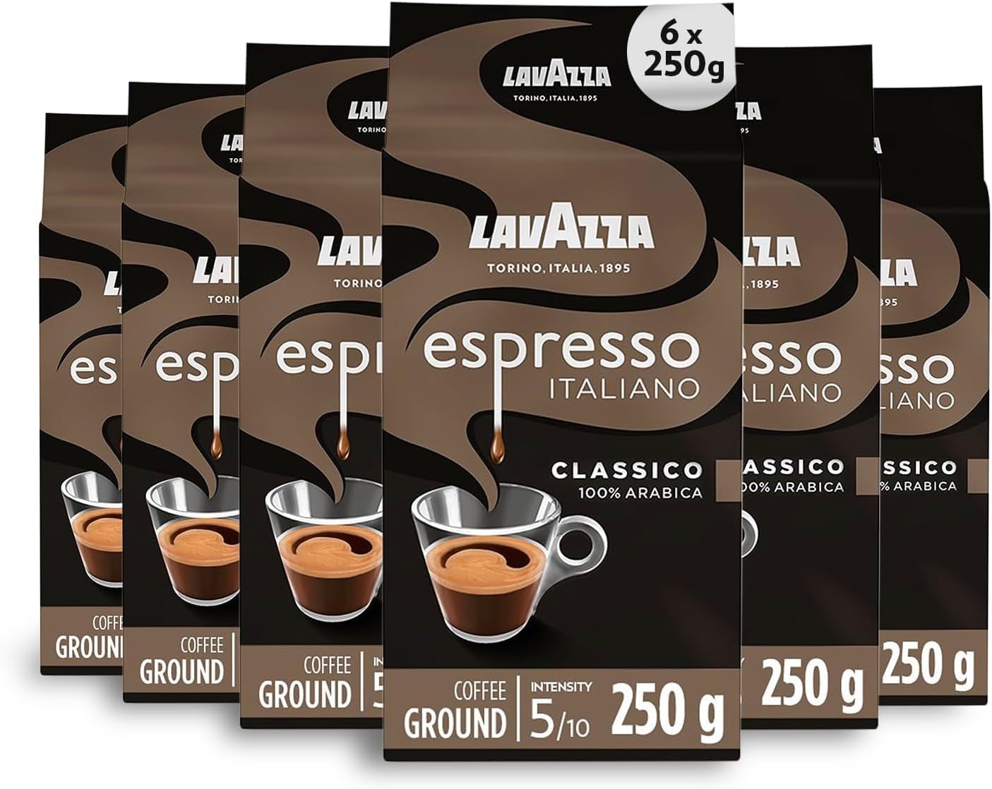 Lavazza, Espresso Italiano Classico, Ground Coffee, 6 Packs of 250g, Ideal for M...