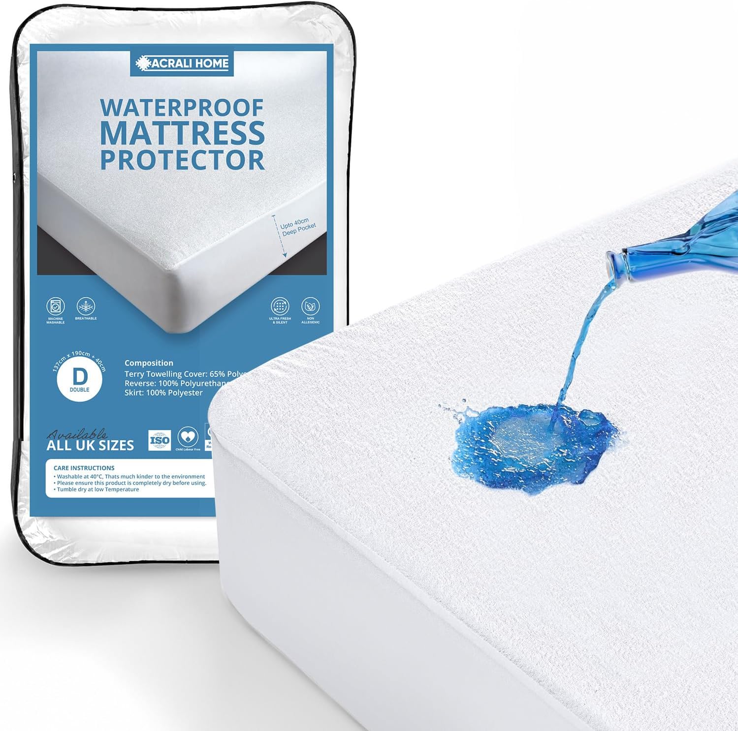 100% Waterproof Mattress Protector King Size Bed Fitted Extra Deep 40cm Skirt, P...