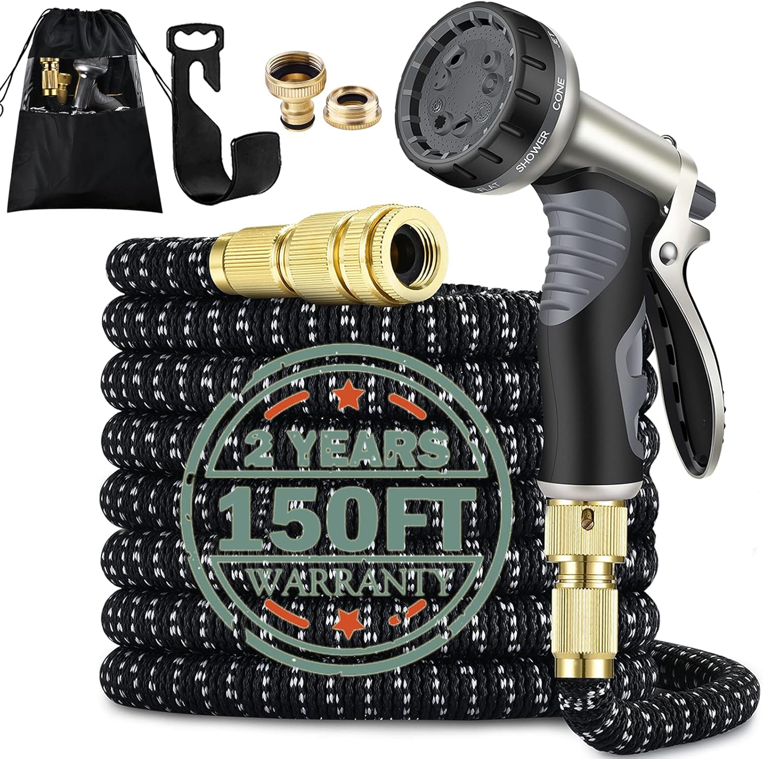 Garden Hose, 150FT Expandable, Dual Latex Core, Solid Brass Fittings, Metal Spra...