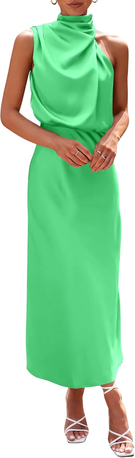 PRETTYGARDEN Women's Summer Satin Dress, Elegant Maxi Dress Sleeveless with Mock...