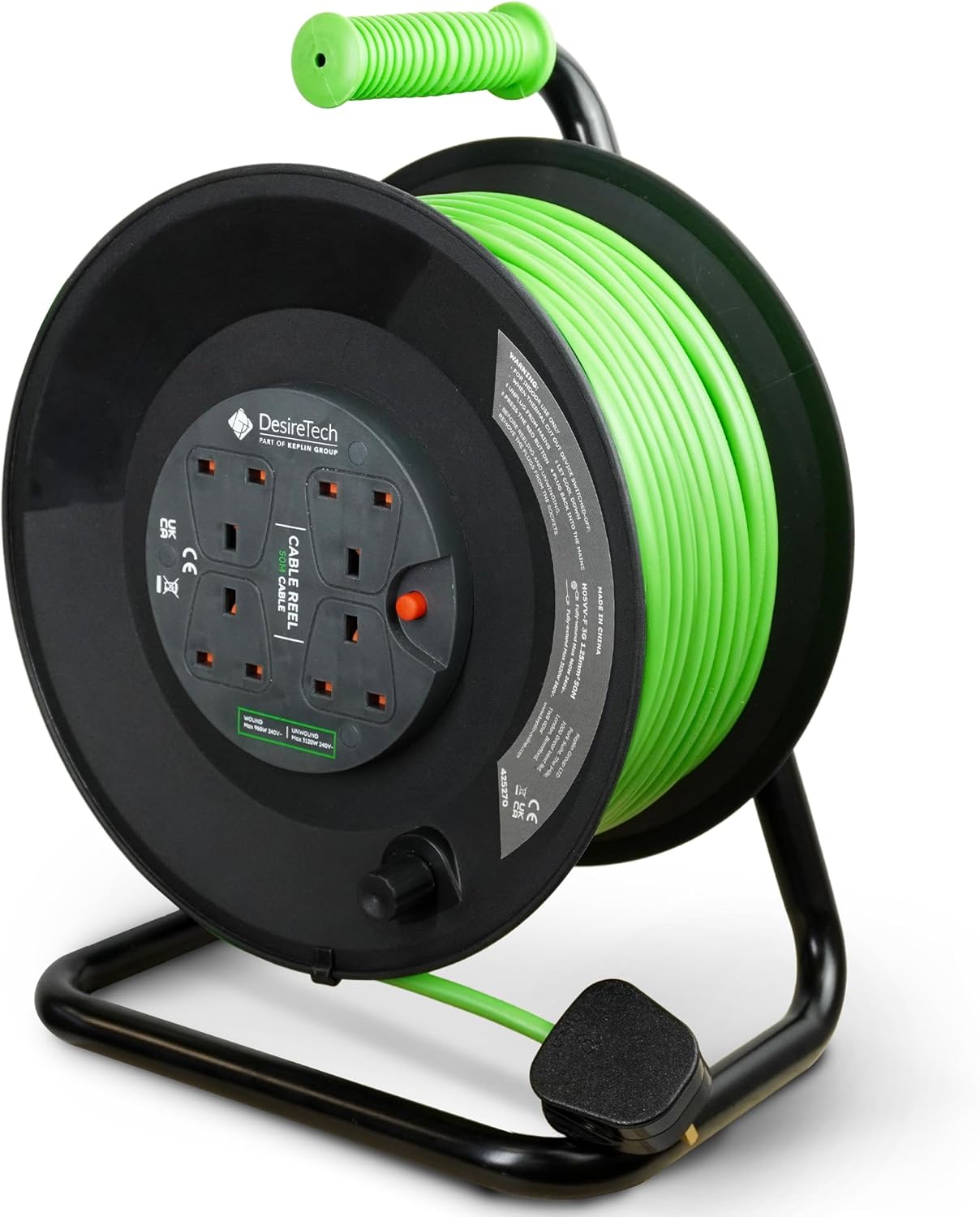 50 Metre Portable Cable Reel Extension Lead - 4 Shuttered Sockets, Thermal Cut O...