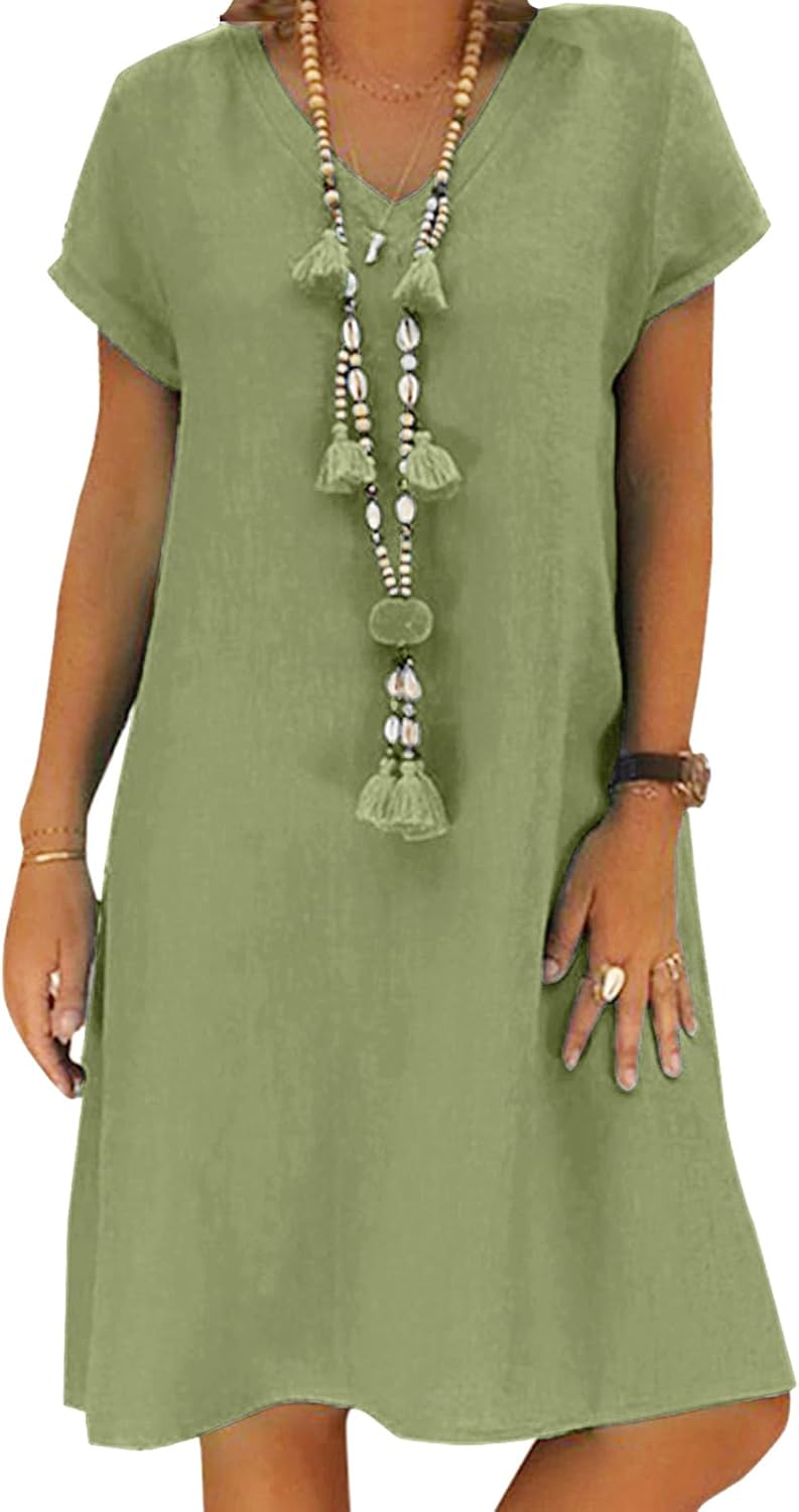 Unique Women's Dress, Stylish Summer Linen Dress, Fashionable Casual V Neck Midi...