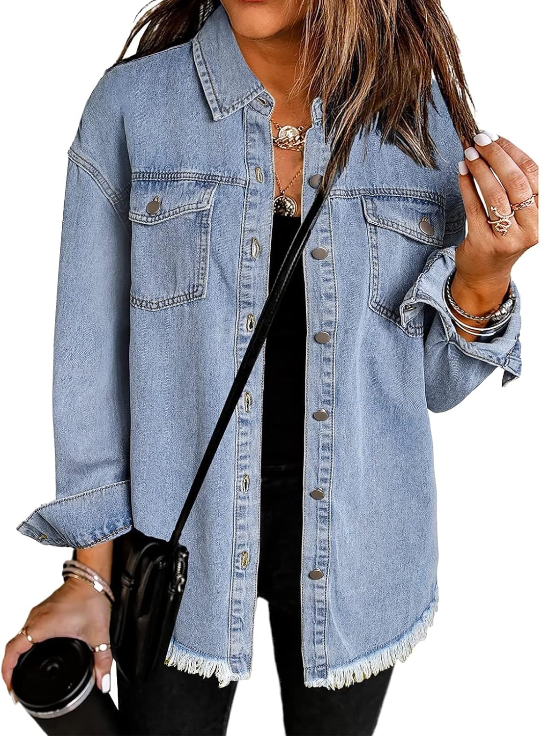 Vetinee Women’s Oversized Button Up Frayed Hem Shacket Long Sleeve Pockets Denim...