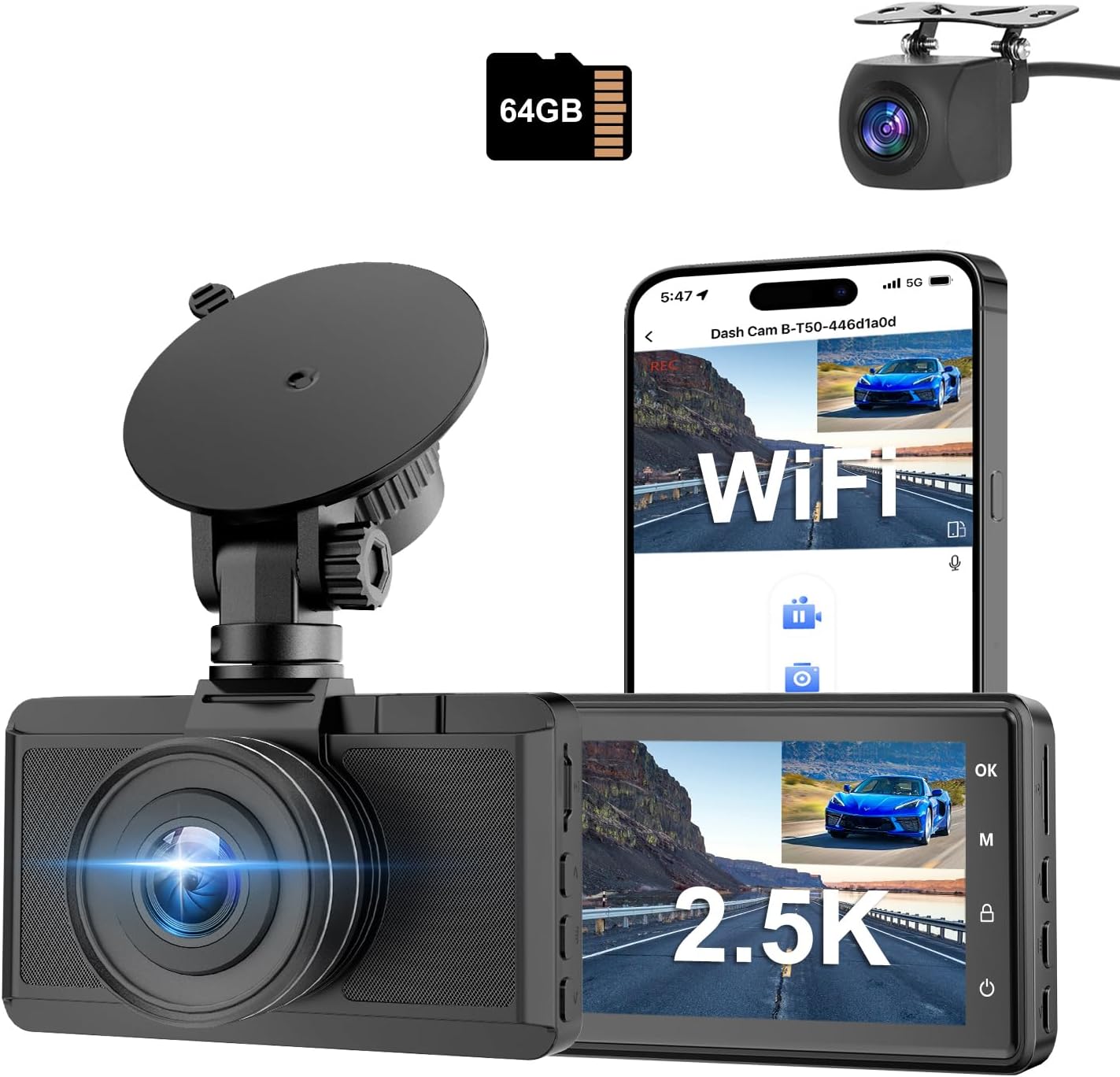 Dash Cam Front and Rear Camera, CHORTAU 3Inch Screen WiFi Dash cam, 2.5K+1080P D...
