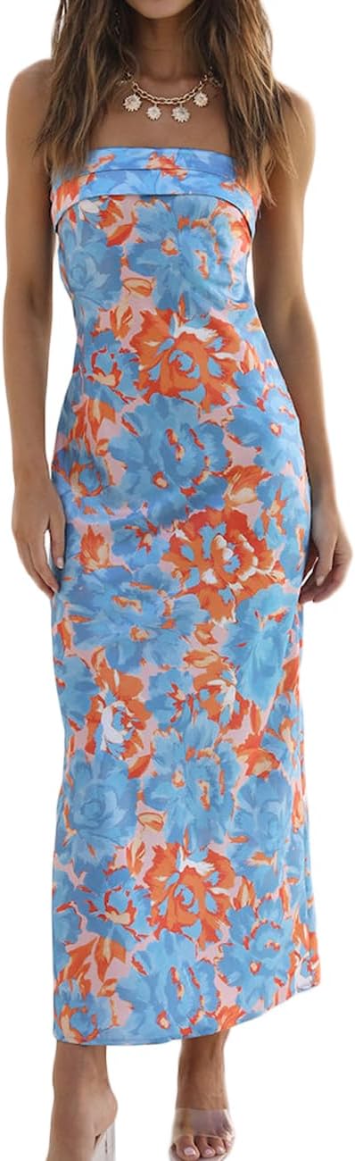 Realtix Satin Silk Maxi Dress, Unique Backless Tube Top Dress for Women, Elegant...