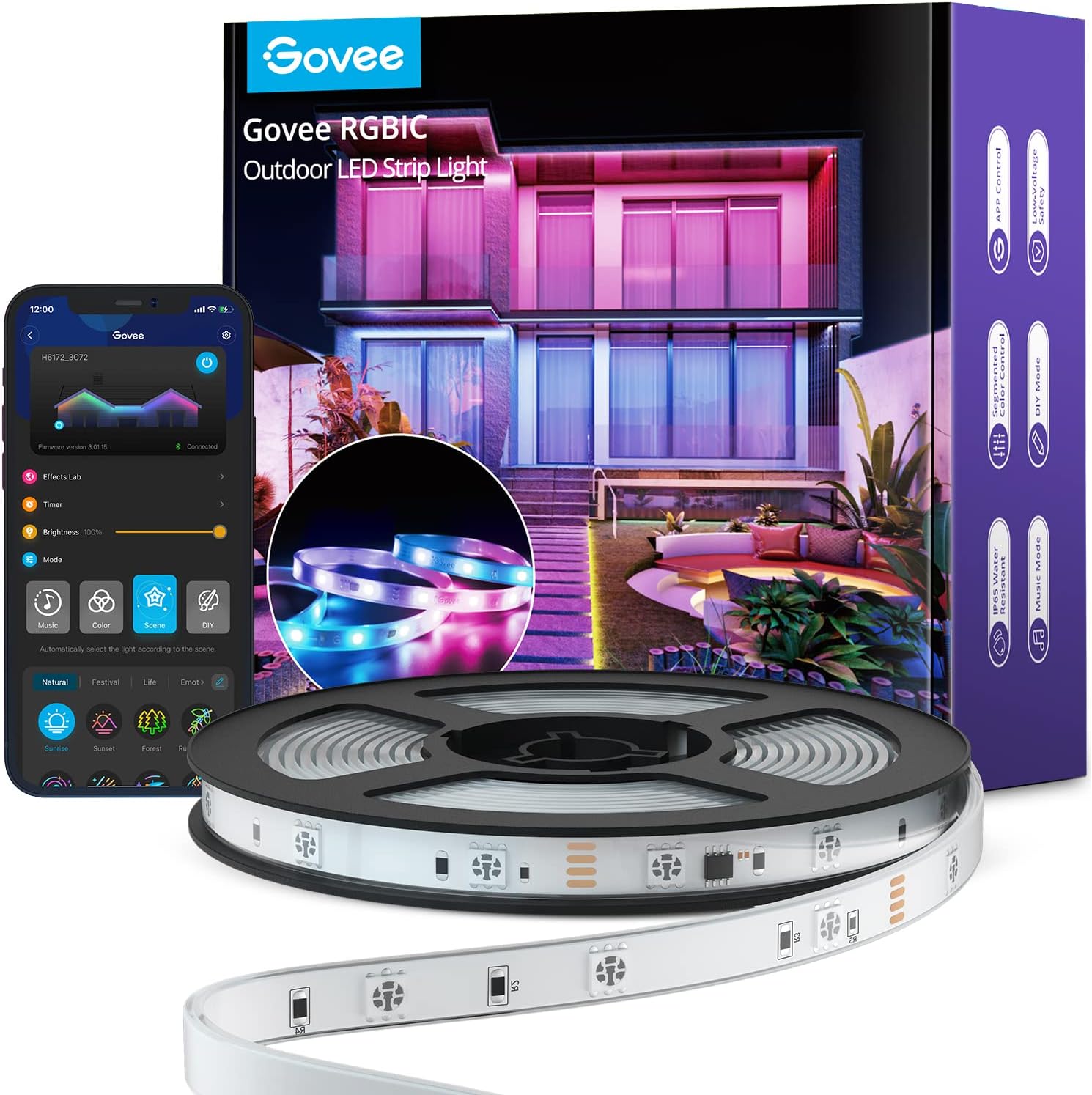 Govee Outdoor LED Strip Lights, 10m RGBIC Outdoor Lights Work with Alexa, IP65 W...