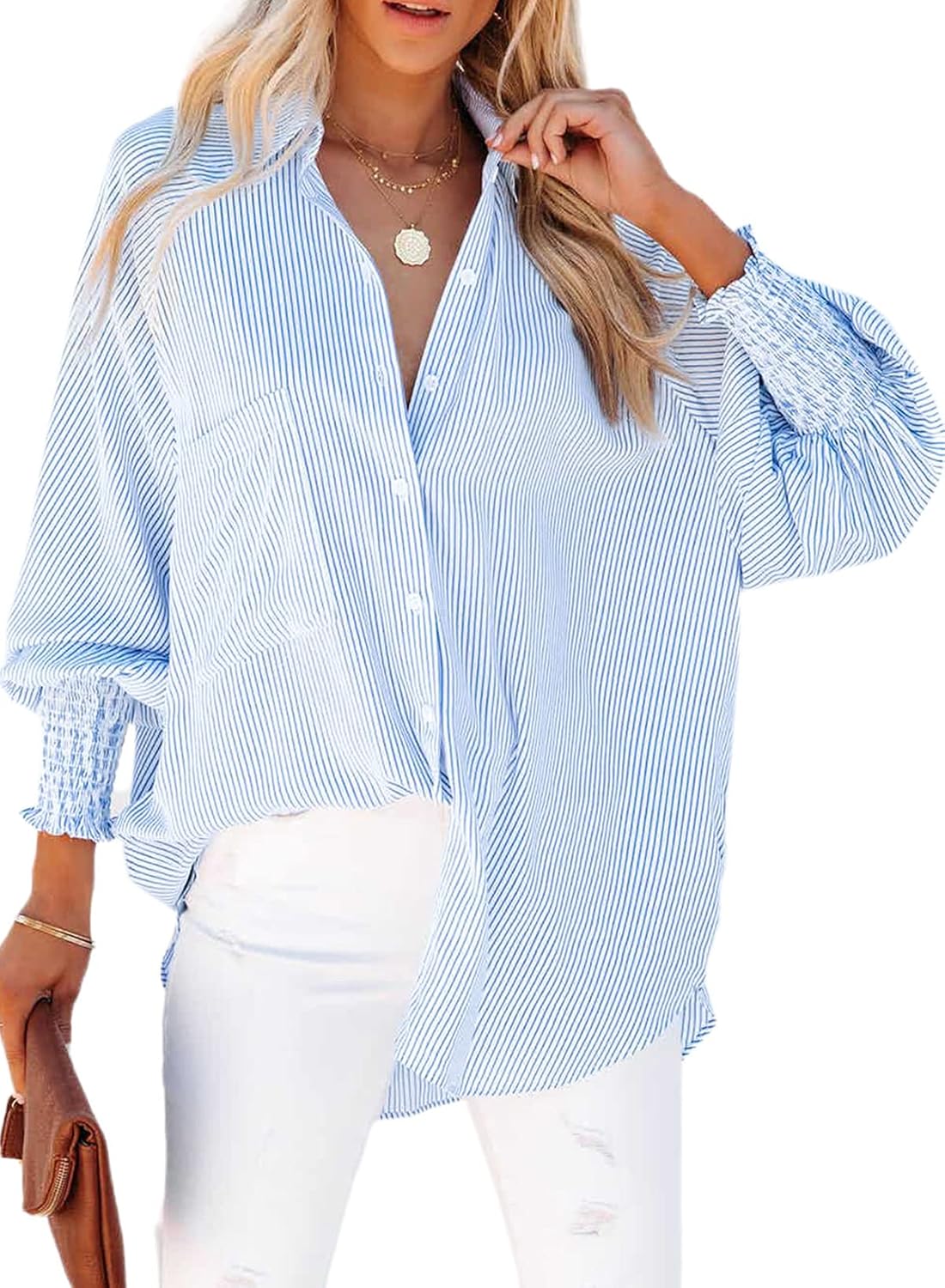 Womens Smocked Cuffed Striped Boyfriend Shirt Casu...