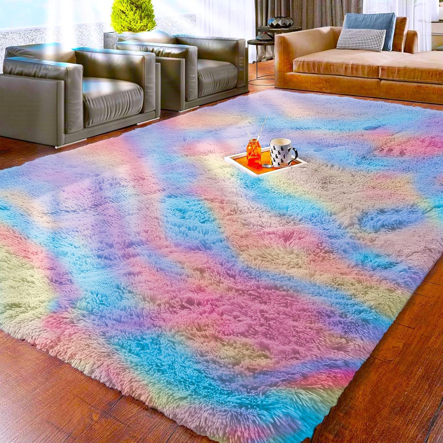 Unique Rugs Living Room, Stylish Rainbow Area Rugs, Cozy Rug for Bedroom Anti Sl...