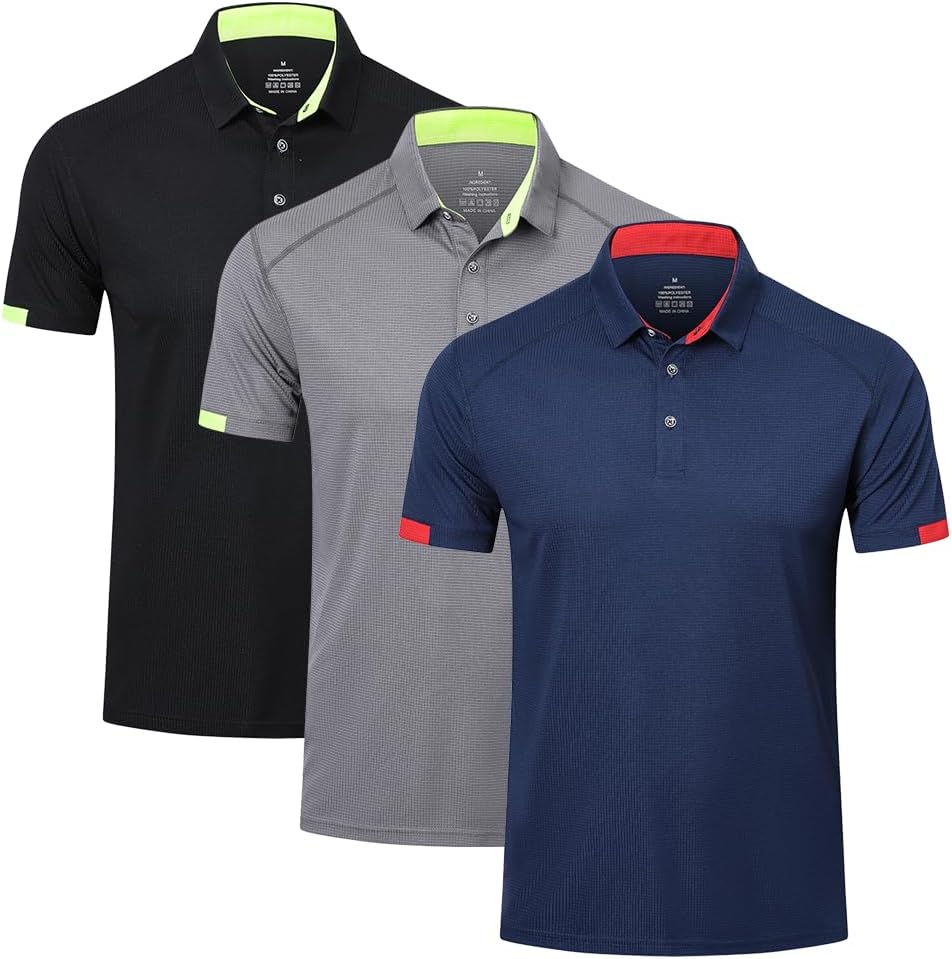 HUAKANG 3 Pack Mens Polo Shirts Short Sleeve Breathable Quick Dry Golf Top Runni...