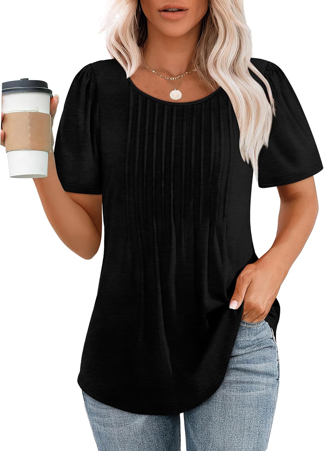 OFEEFAN Womens T Shirts, Special Short Sleeve Tops, Innovative Pleated Dressy Ca...