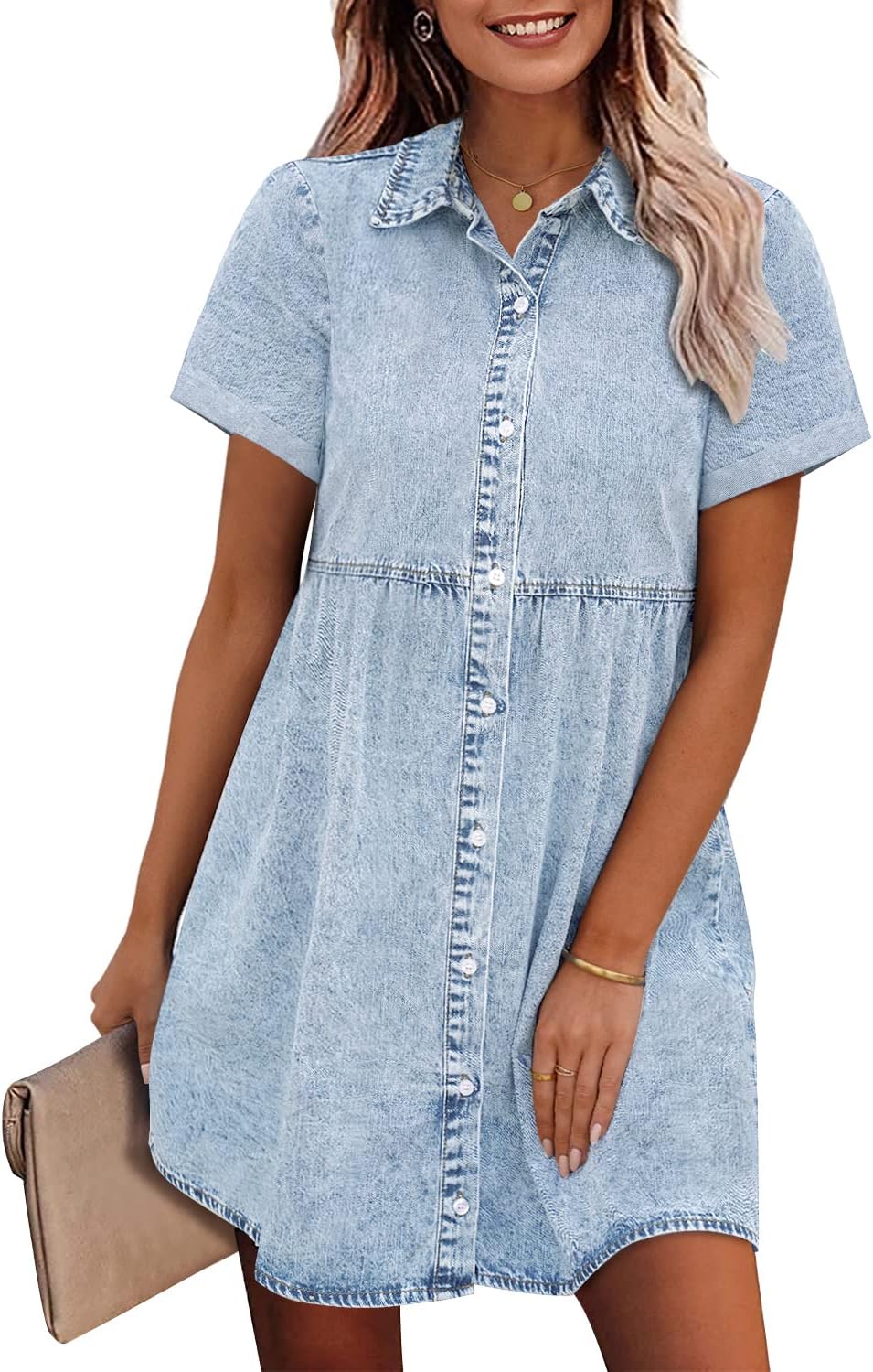 GRAPENT Denim Dress for Women Babydoll Tiered Shor...