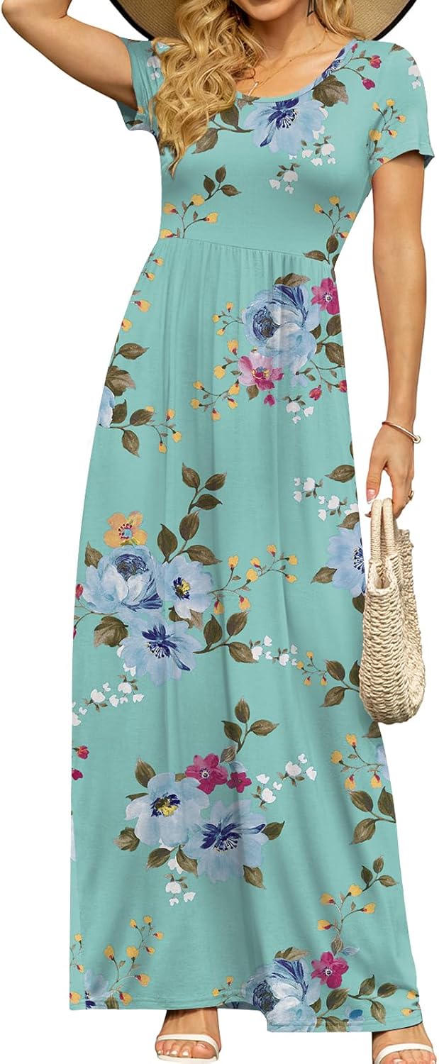 DB MOON Women's Short Sleeve Maxi Dresses Casual Empire Waist Long Dress with Po...