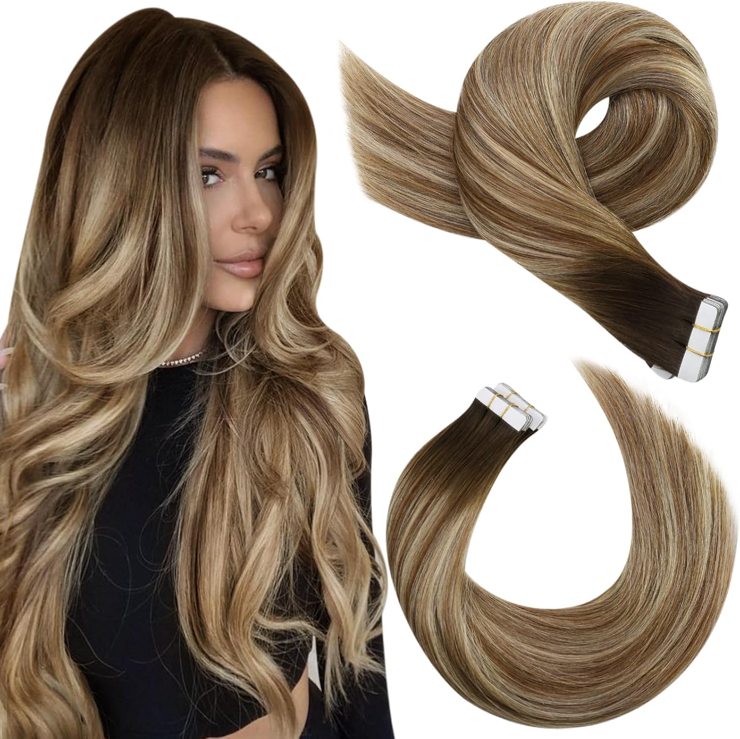 Moresoo Tape in Hair Extensions 18 Inch Dark Brown to Chestnut Brown Human Hair...