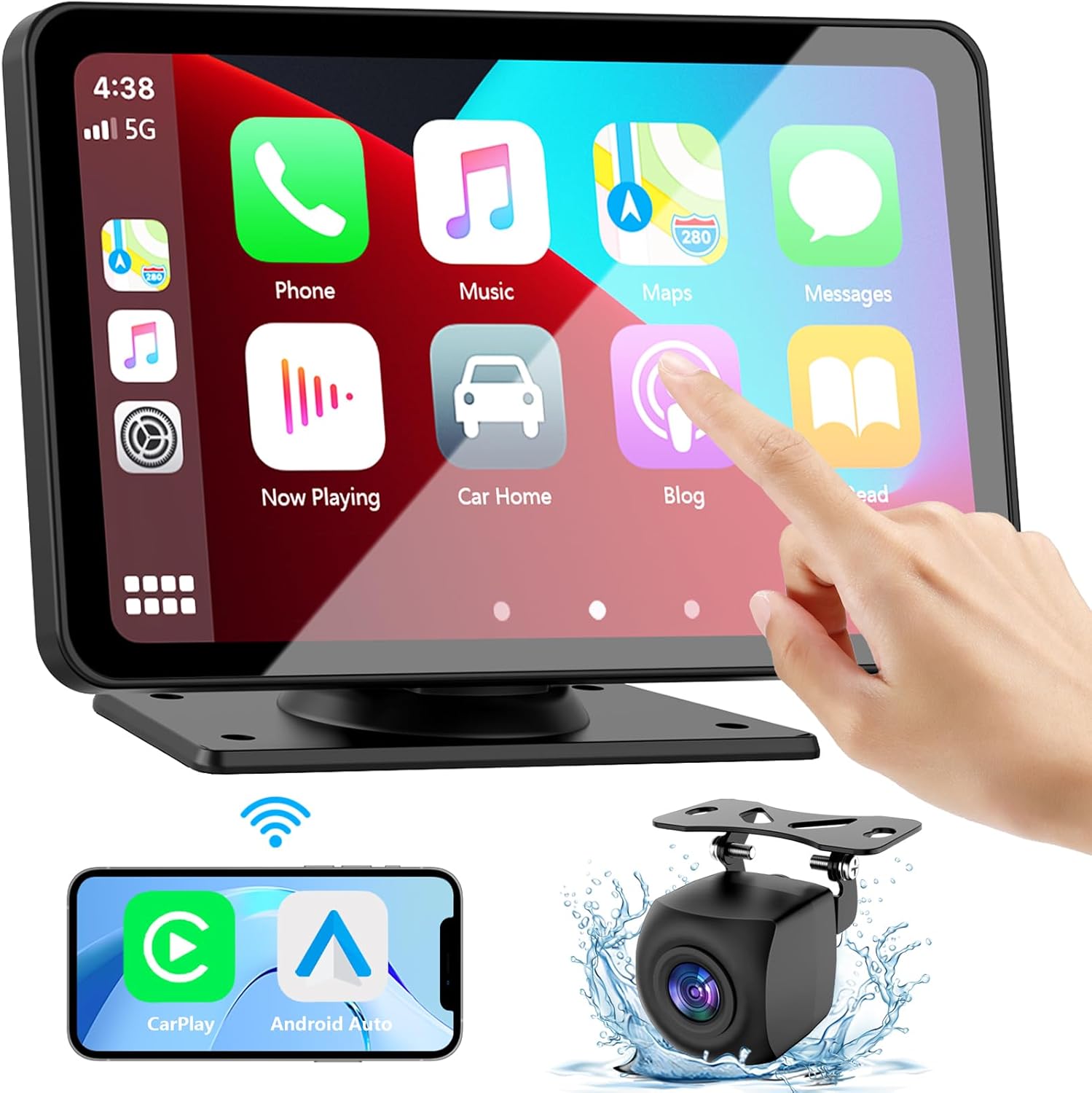 Apple Carplay Screen for Car, 7" HD Portable Car Stereo Touch Screen with Wirele...