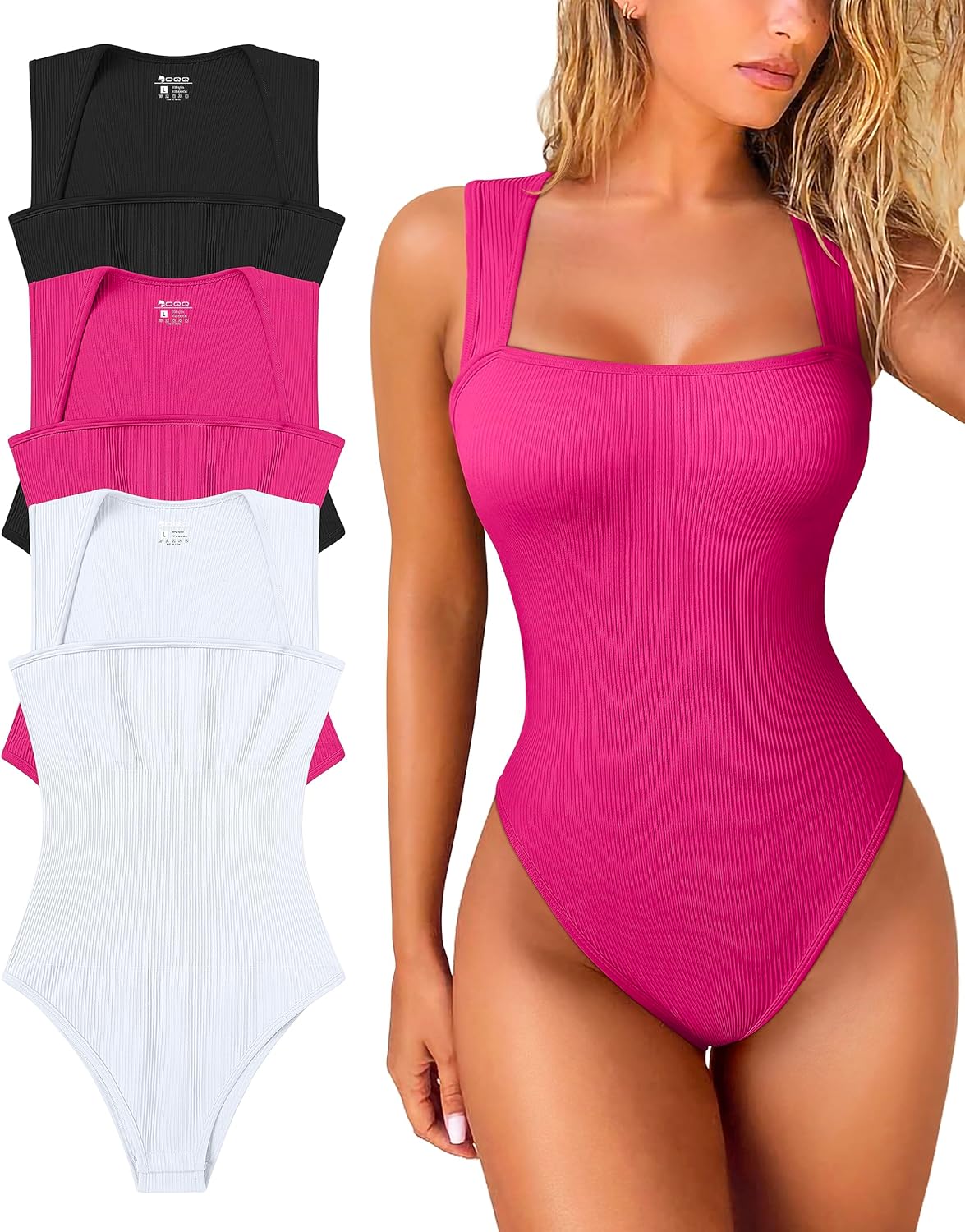 OQQ Women's 3 Piece Bodysuits Sexy Ribbed Strappy Square Neck Sleeveless Tummy C...