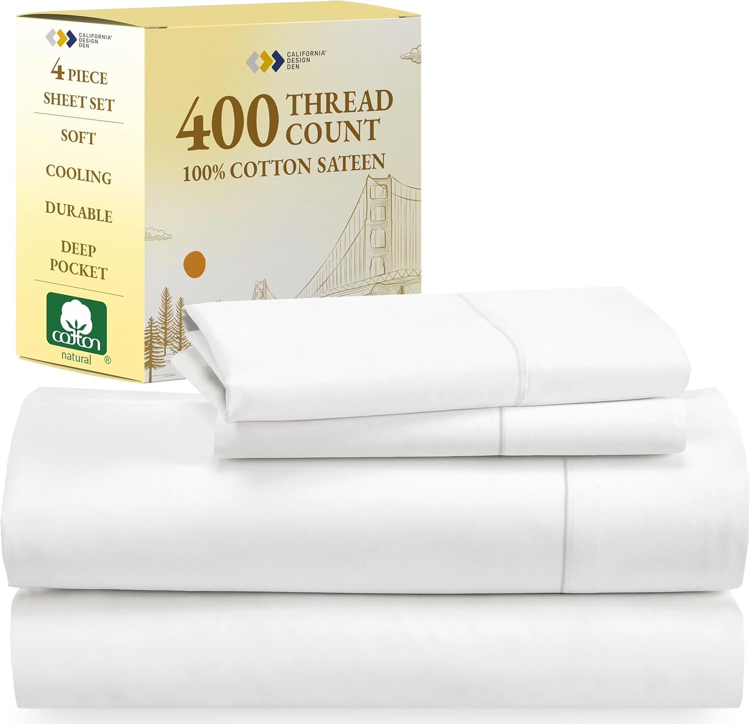 California Design Den Queen Sheet Set, Premium Soft 400 Thread Count Sateen, Hig...