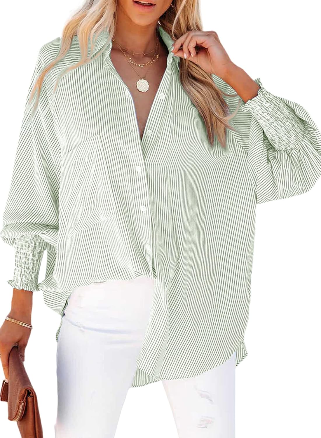 Stylish Women's Smocked Cuffed Shirt, Trendy Boyfriend Shirt with Stripes, Casua...