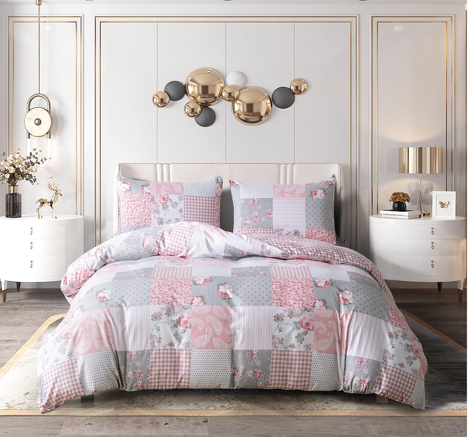 PRIME LINENS Double Floral Grey Duvet Cover, Special Bedding Set With Polyester-...