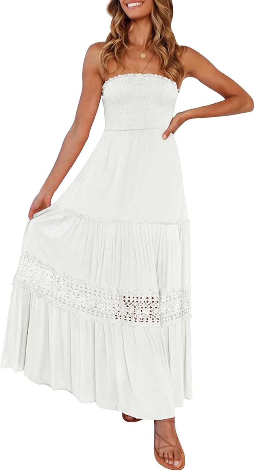 ZESICA Women's 2025 Summer Bohemian Strapless Off Shoulder Lace Trim Backless Fl...