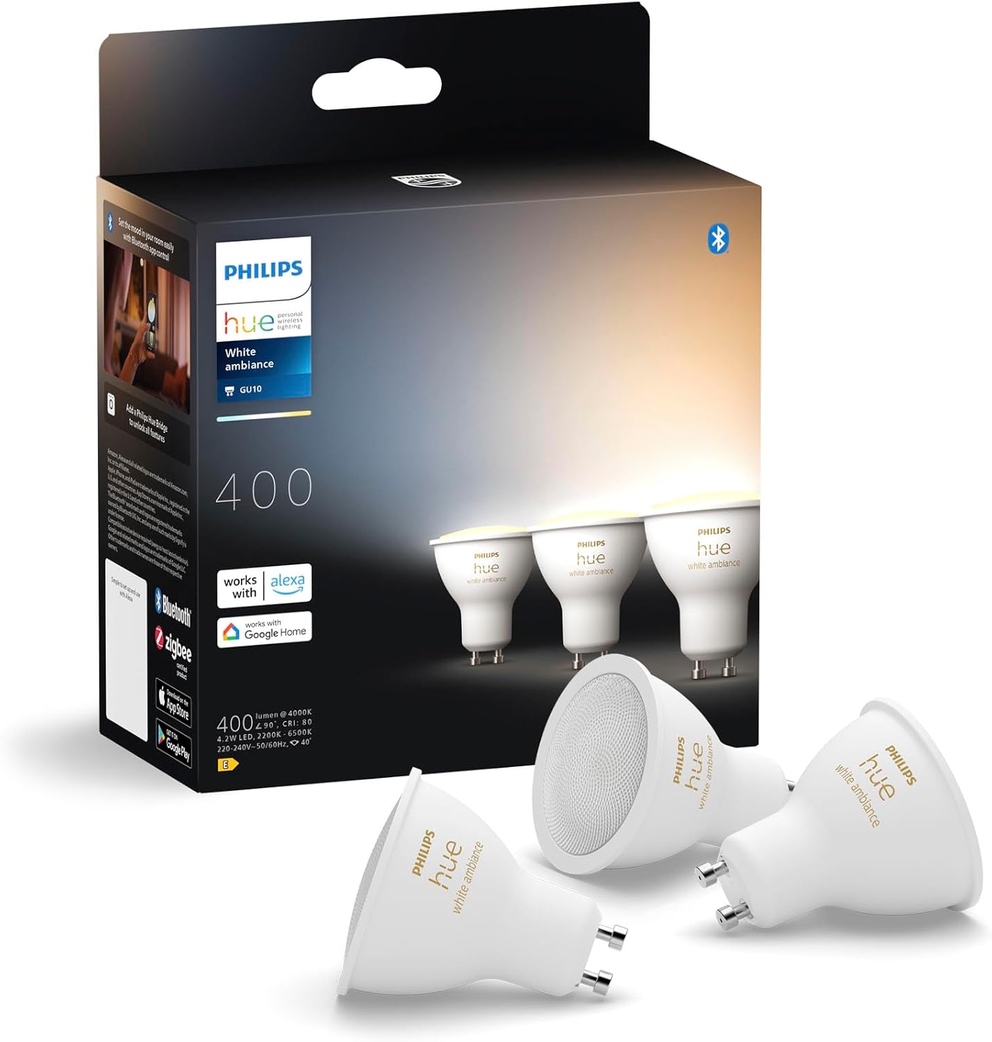 Philips Hue GU10 – Smart Spotlight – (3-Pack) White Ambiance