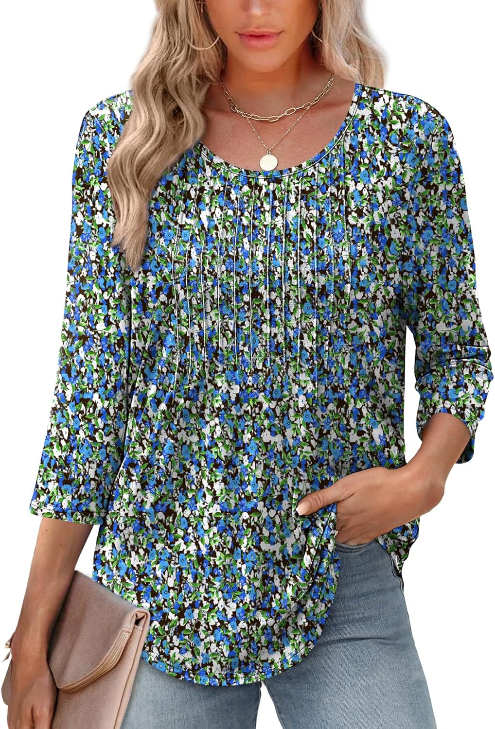 XIEERDUO 3/4 Length Sleeve Tops for Women 2025 Crewneck Casual Pleated Tunic Top...