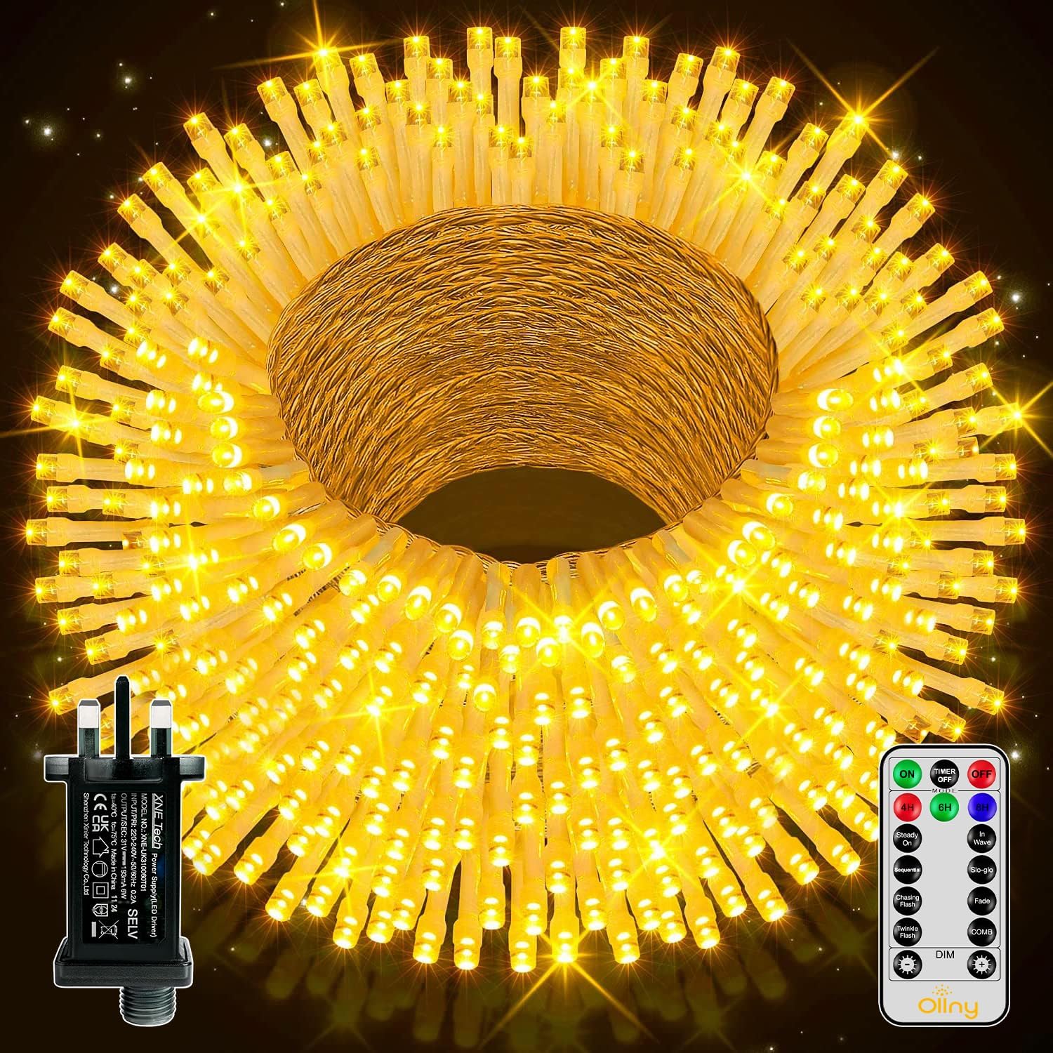 Ollny Christmas Tree Lights, 50m 500 LED Outdoor Fairy Light Mains Powered, Wate...