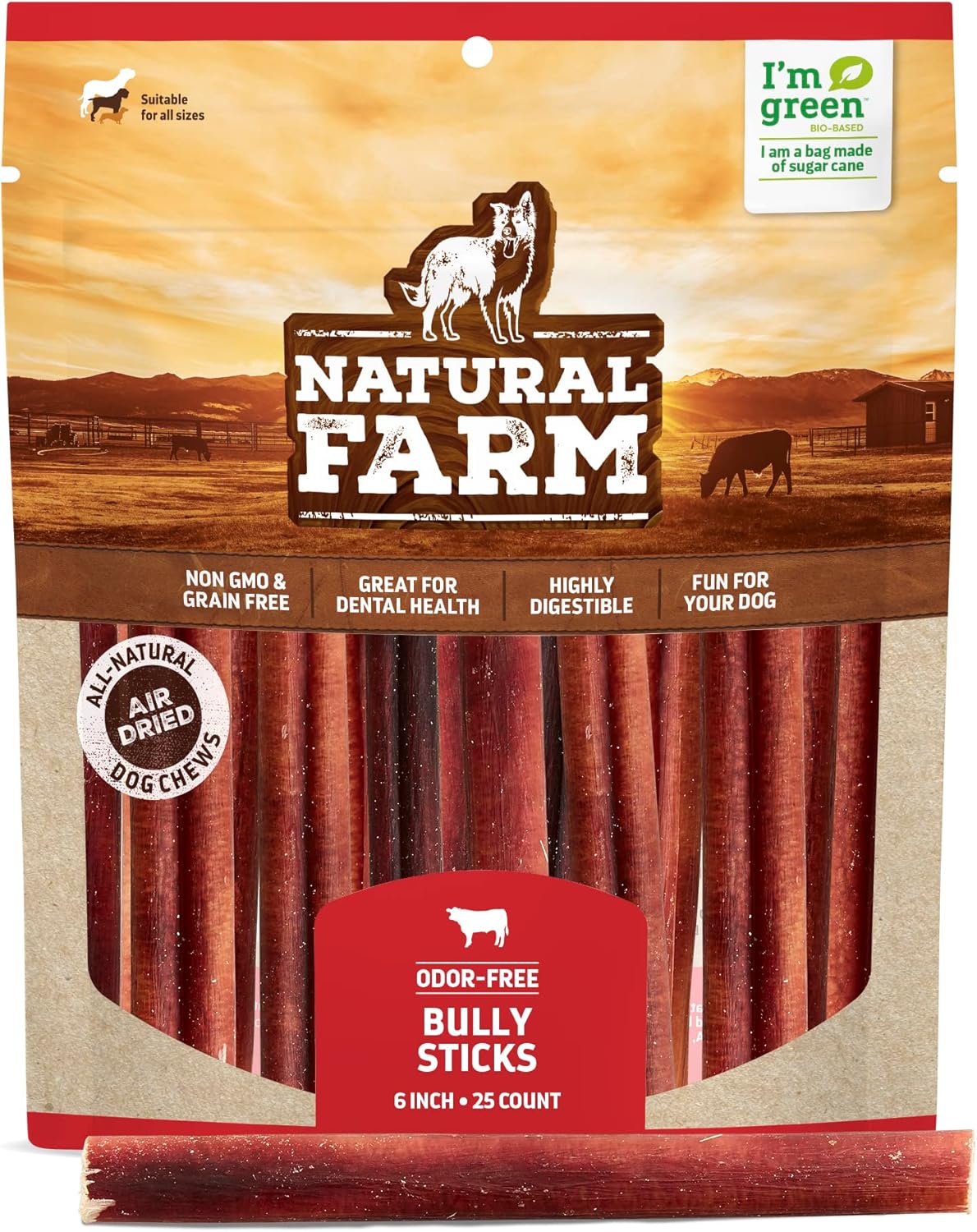 Natural Farm Odor-Free Bully Sticks (6 Inch, 25 Pack), 1.3 lb. Bag, Fully Digest...