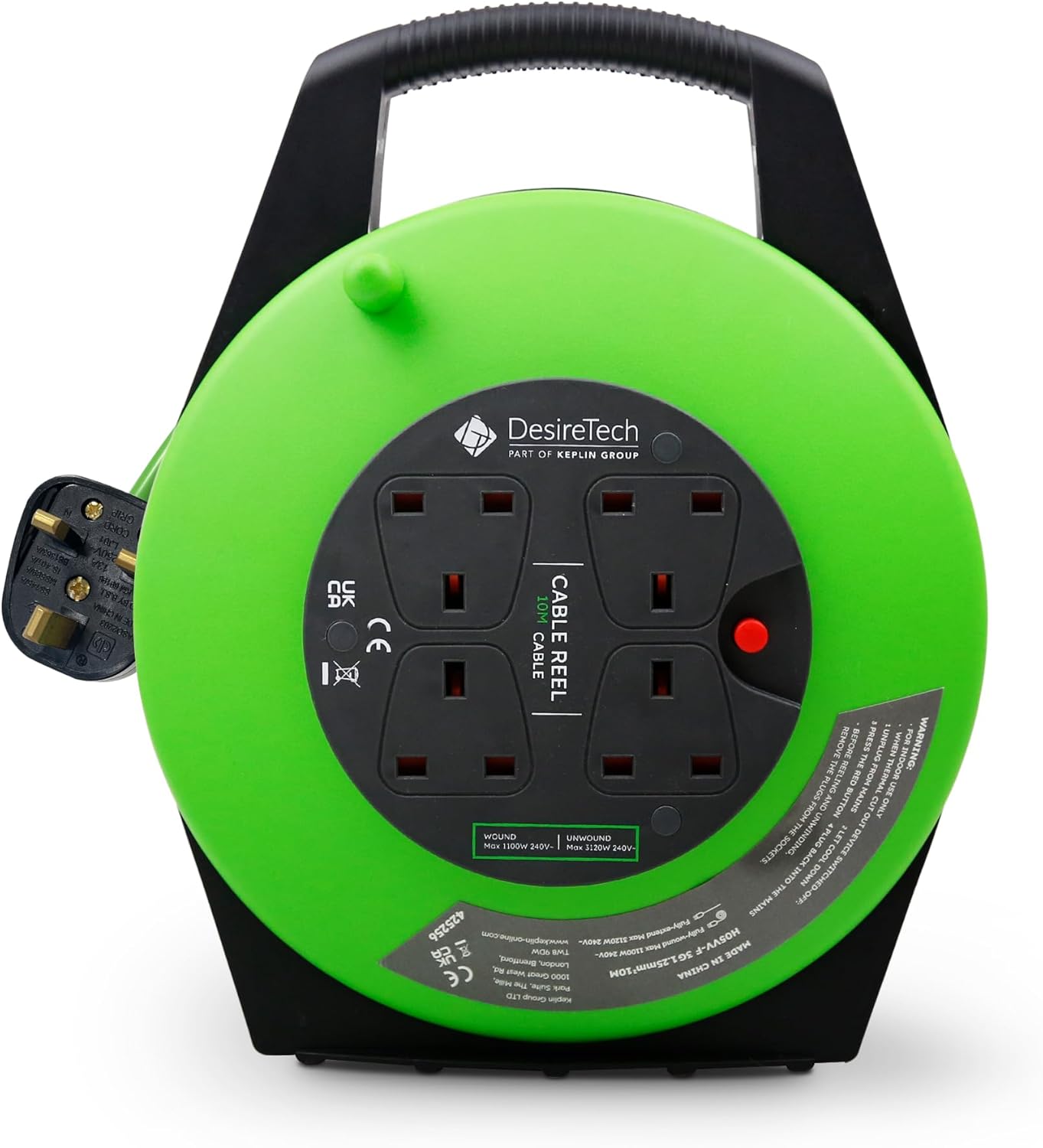 4 Socket Extension Lead - 10m Portable Cable Reel - Thermal Cut Out, Ergonomic H...