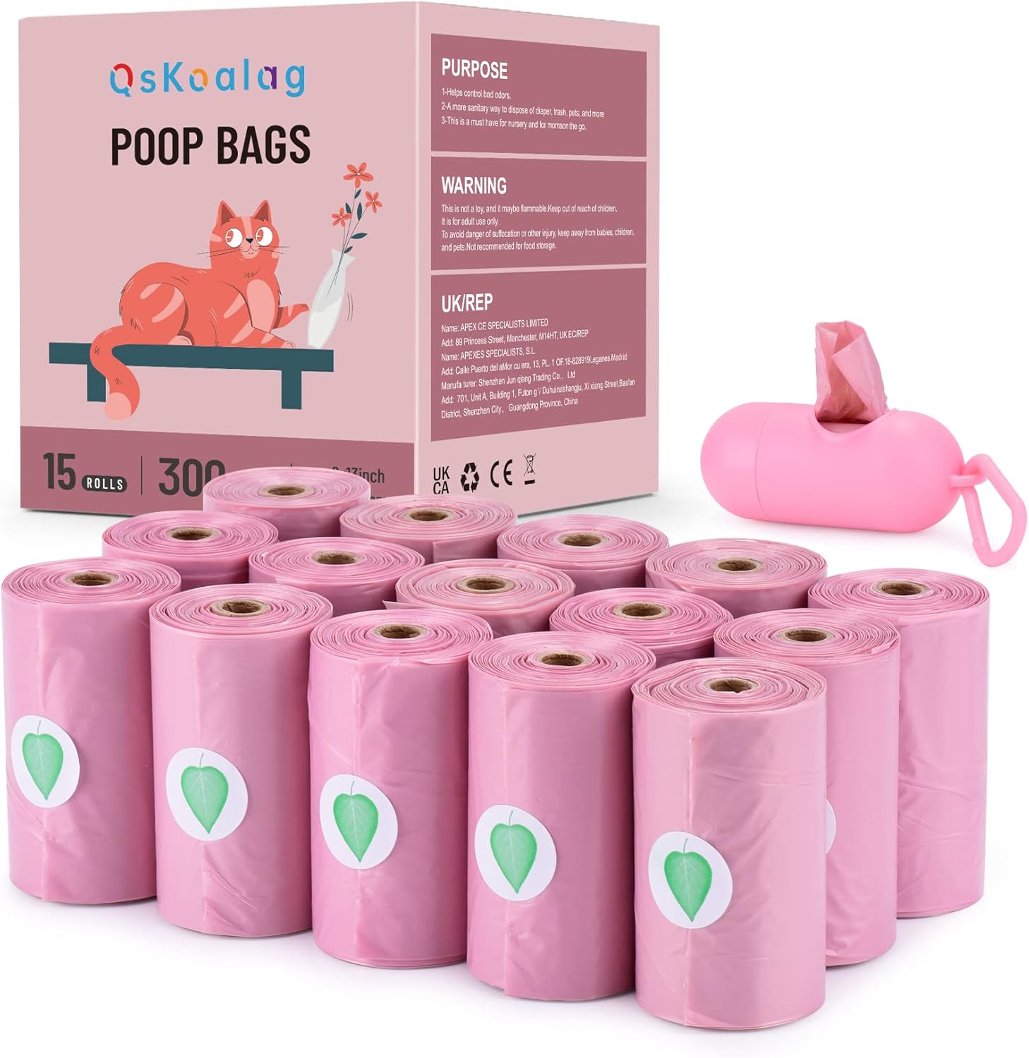 Biodegradable Pink Dog Poo Bags Lavender scent with Dispenser - 300 Large Poop B...