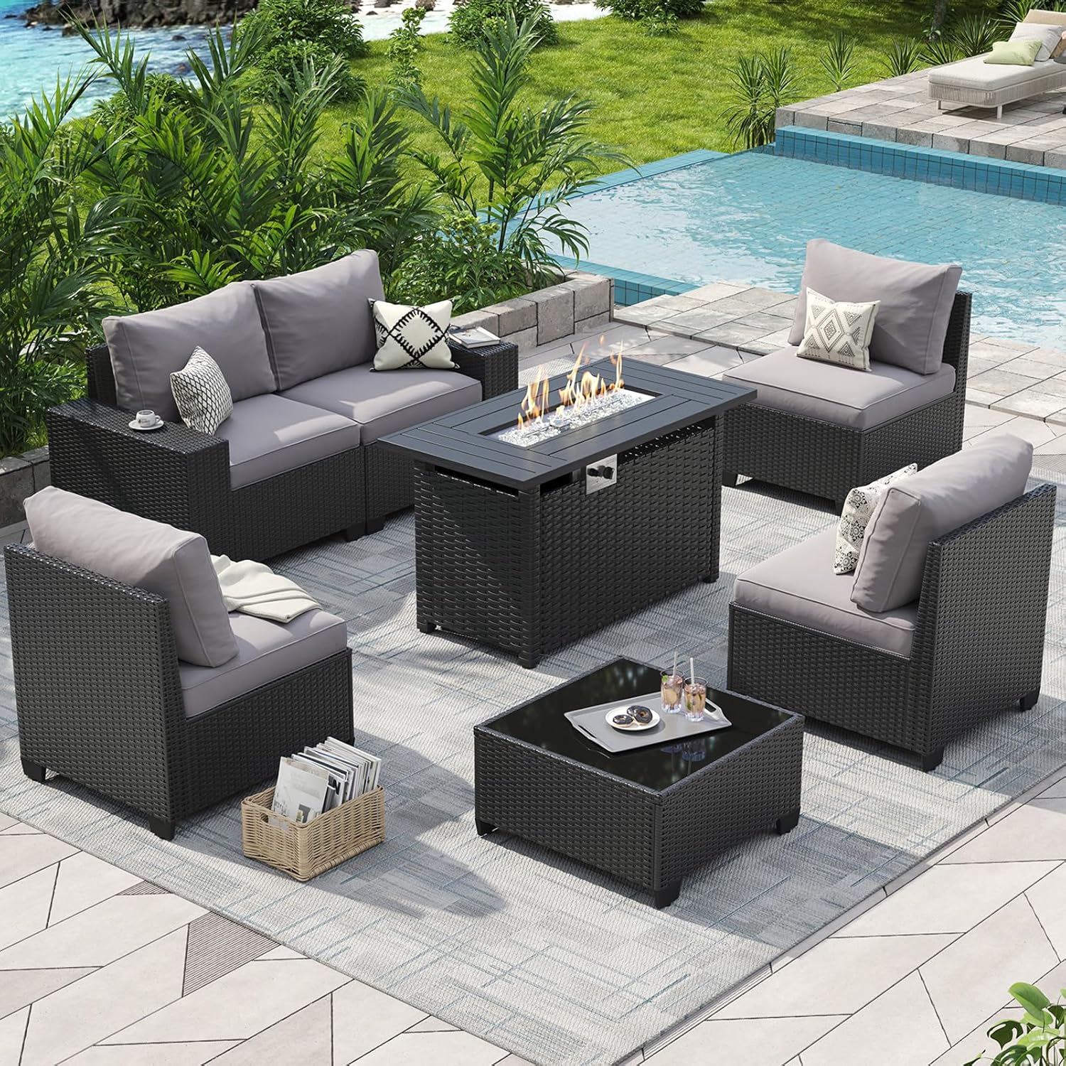 Aoxun Outdoor Patio Furniture Set with 44'' Fire Pit Table, 7 Pcs Outdoor Patio...