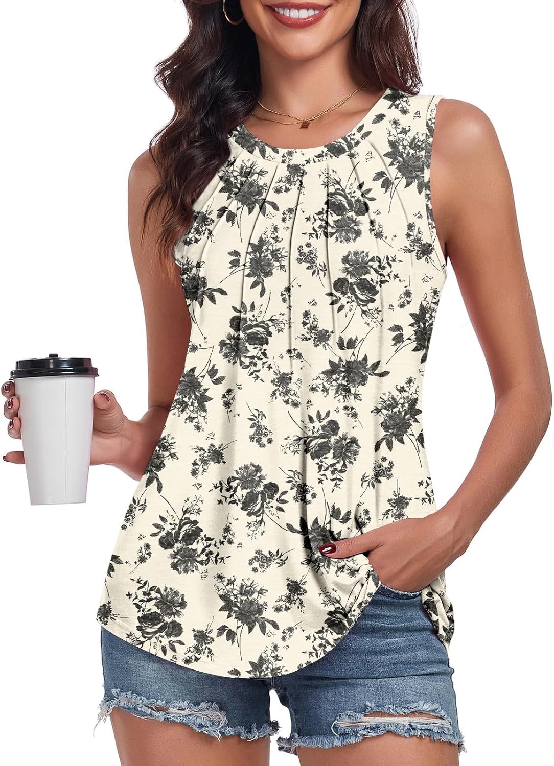 syoss Women's Summer Tank Tops Pleated Round Neck Sleeveless Tops Ink Roses Larg...