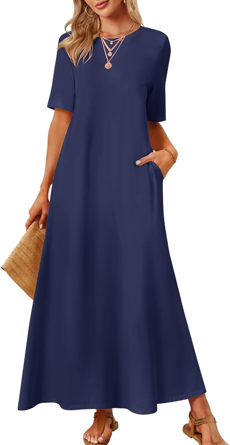 MEROKEETY Women's 2025 Spring Summer Casual Maxi Dress Beach Vacation Short Slee...