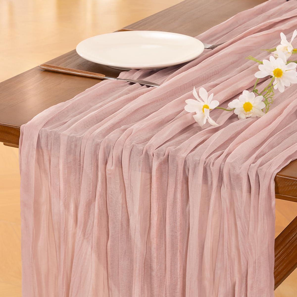 Socomi 6pcs Pink Cheesecloth Table Runner Summer Boho Rustic Gauze Dusty Pink Fa...