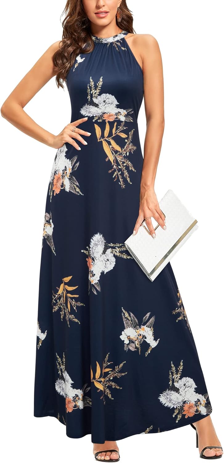 STYLEWORD Women's Summer 2025 Maxi Dress Floral Halter Neck Sexy Party Wedding G...