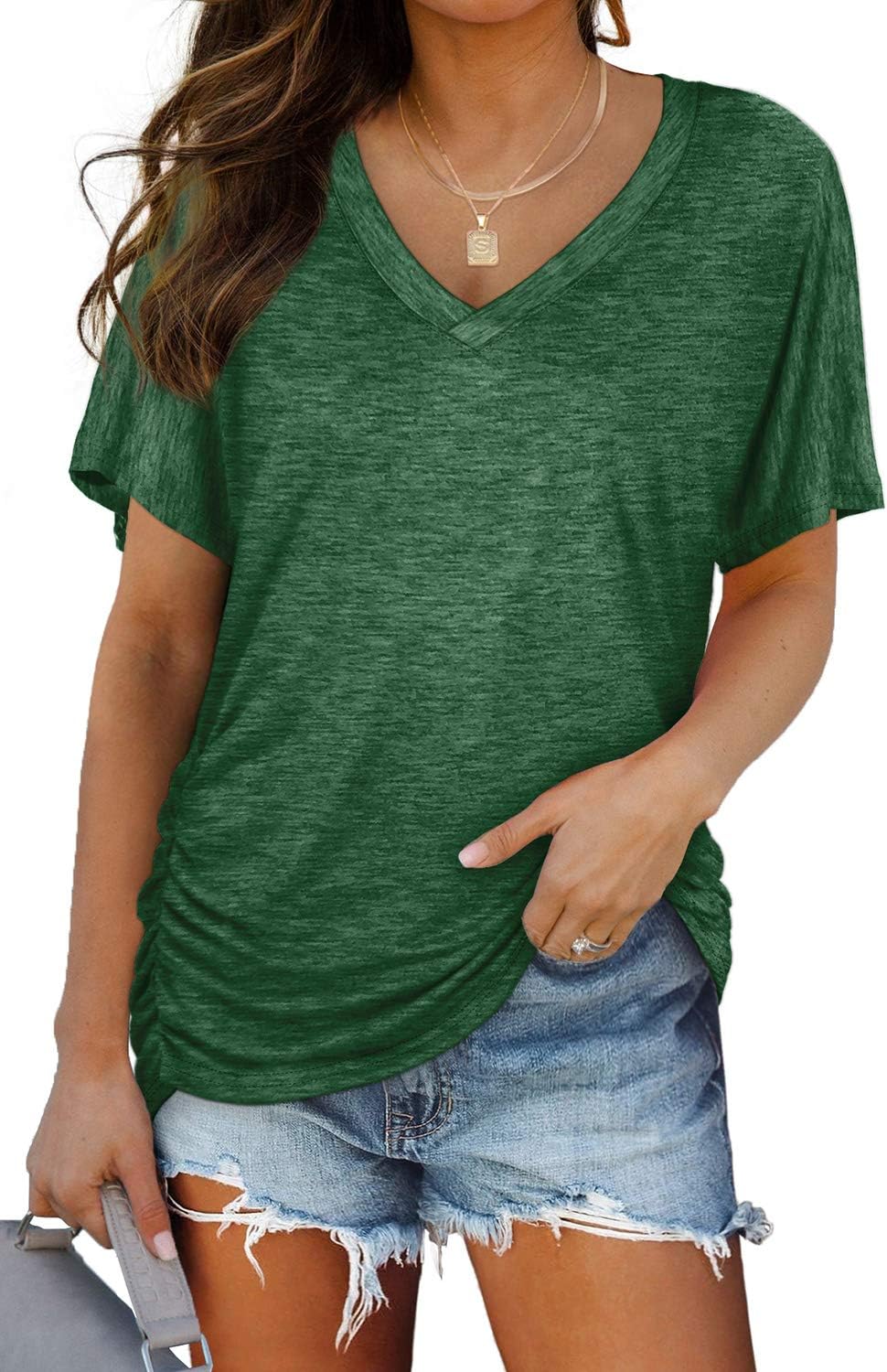 WIHOLL Women's Short Sleeve V Neck Dolman Tops, Comfortable Loose Fit Shirts wit...